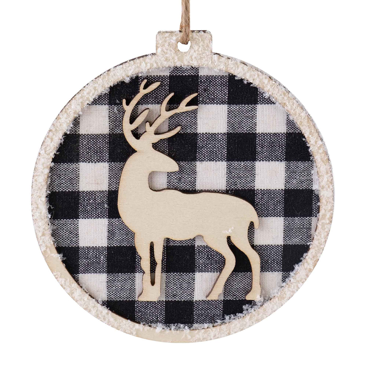 Ornement rond en bois avec bordure givrée et un renne Buffalo plaid noir et blanc, 4&quot;