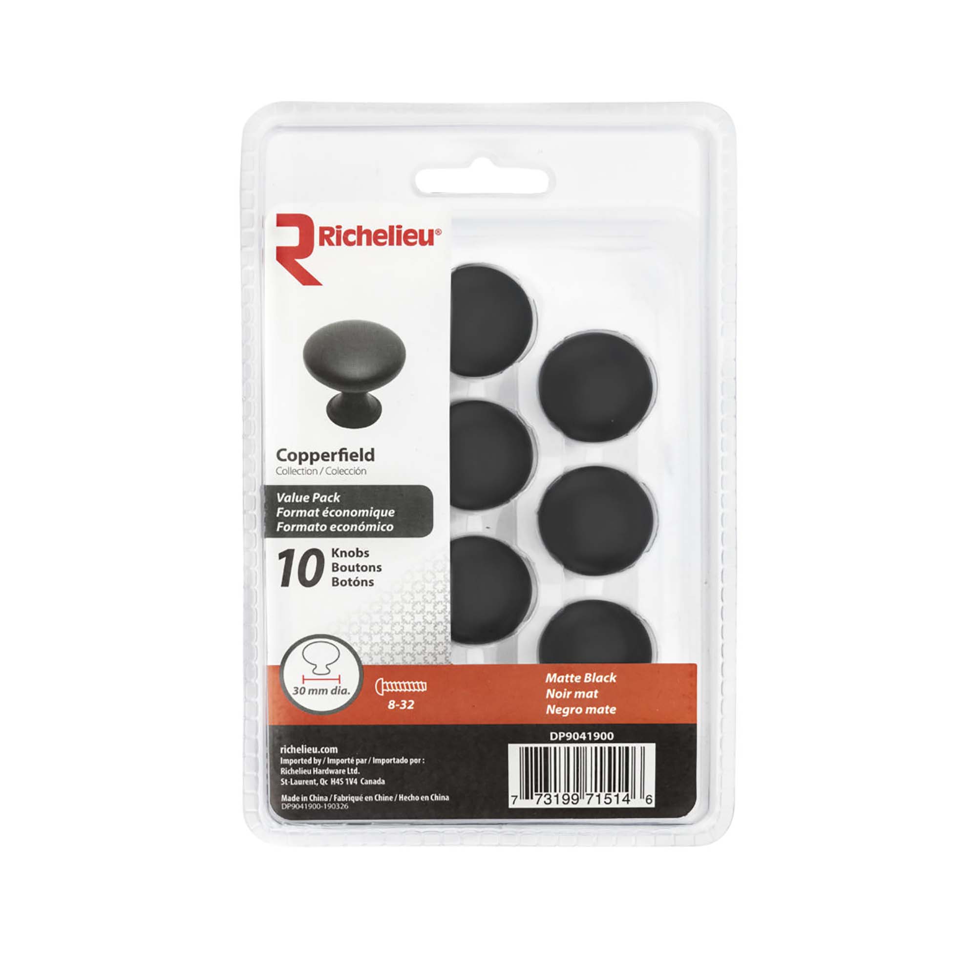 emballage de 10 boutons contemporains en métal noir mat, # 9041 