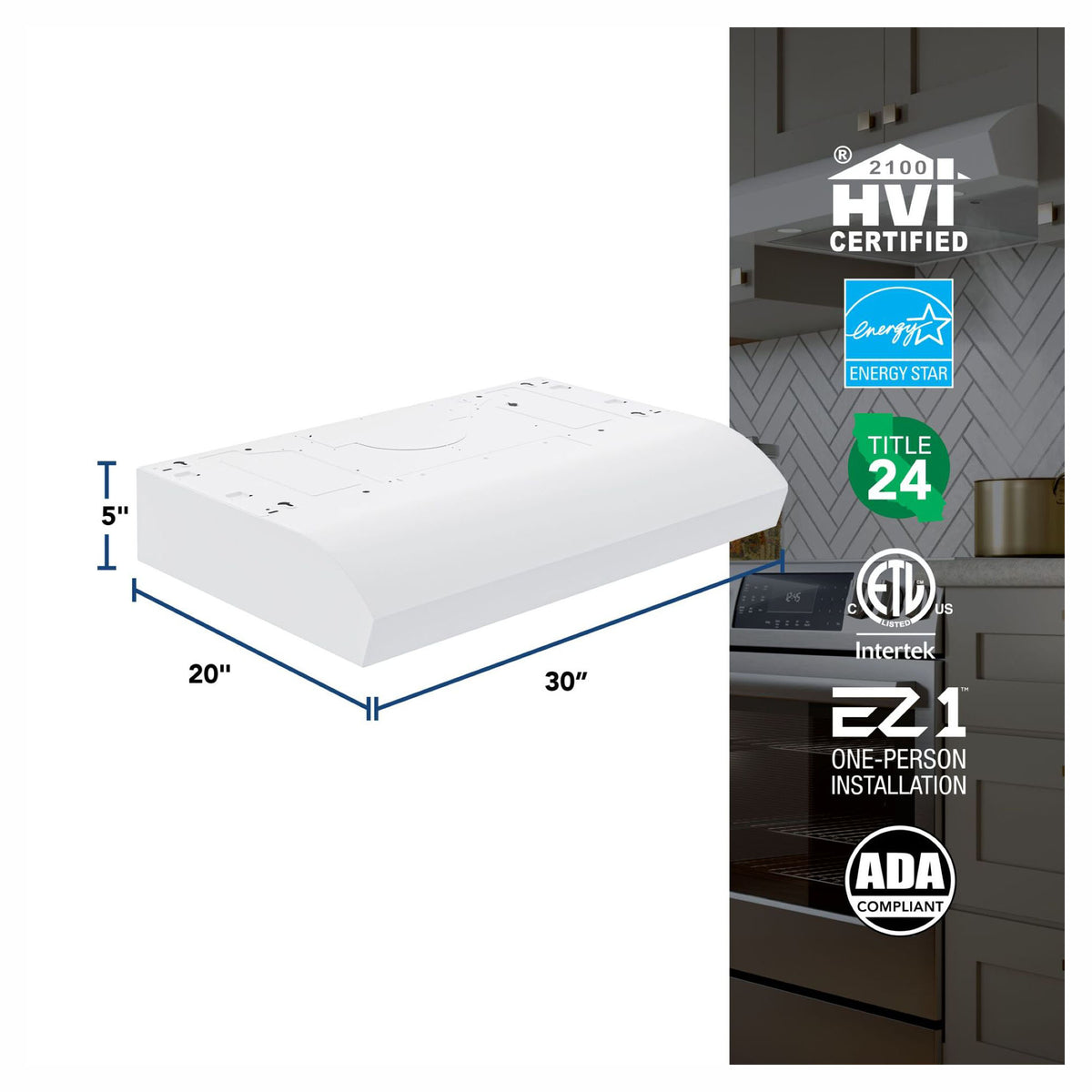 Hotte de cuisine sous-armoire Mantra de 30" avec puissance maximale de 350 pi³ / min, blanc