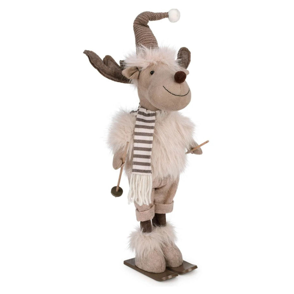 Décoration de peluche de renne brun en fausse fourrure sur ski, 16"