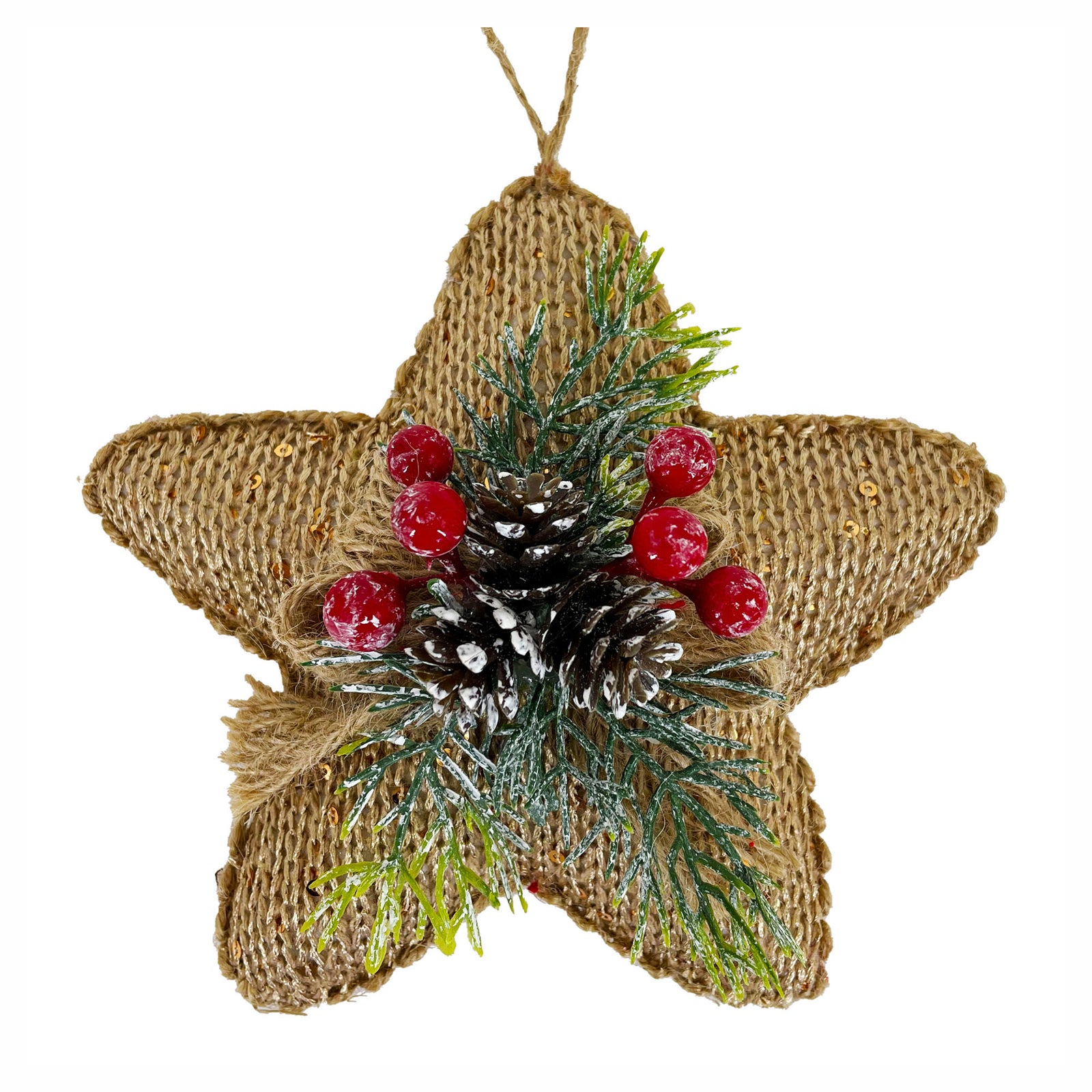 Décoration d'étoile en tissu à suspendre avec pommes de pin et baies rouges, 6"
