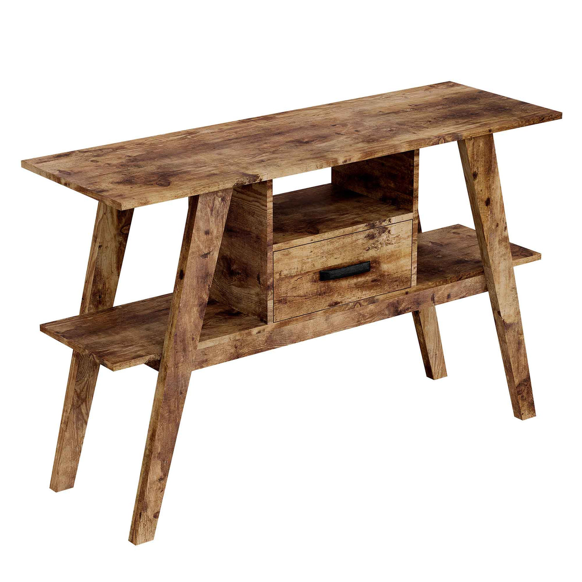 Table console d'aspect bois brun récupéré à 1 tiroir et 3 étagères, 47,5" x 15,5" x 30"
