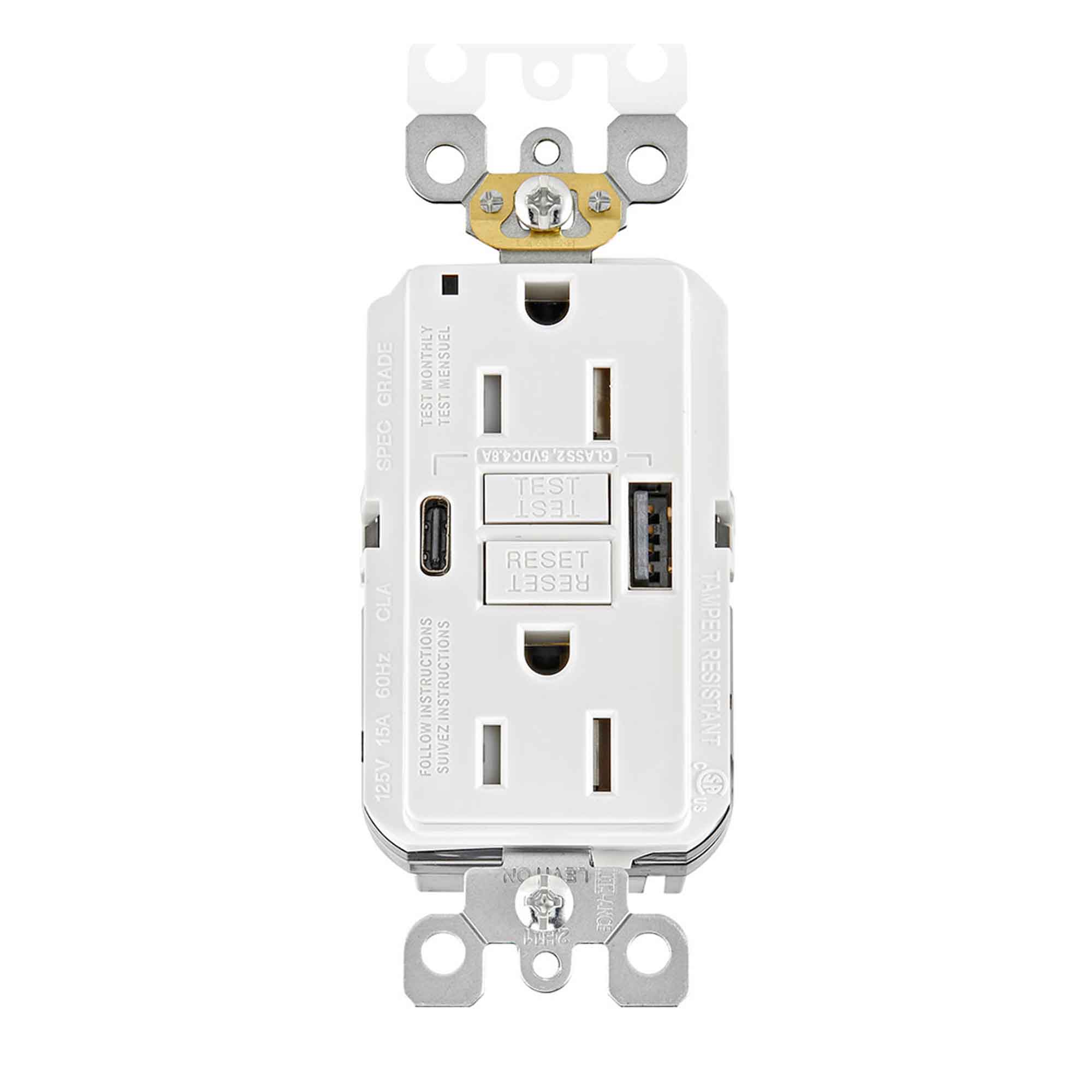 Prise à DDFT double avec ports USB de Type-A et Type C, blanc