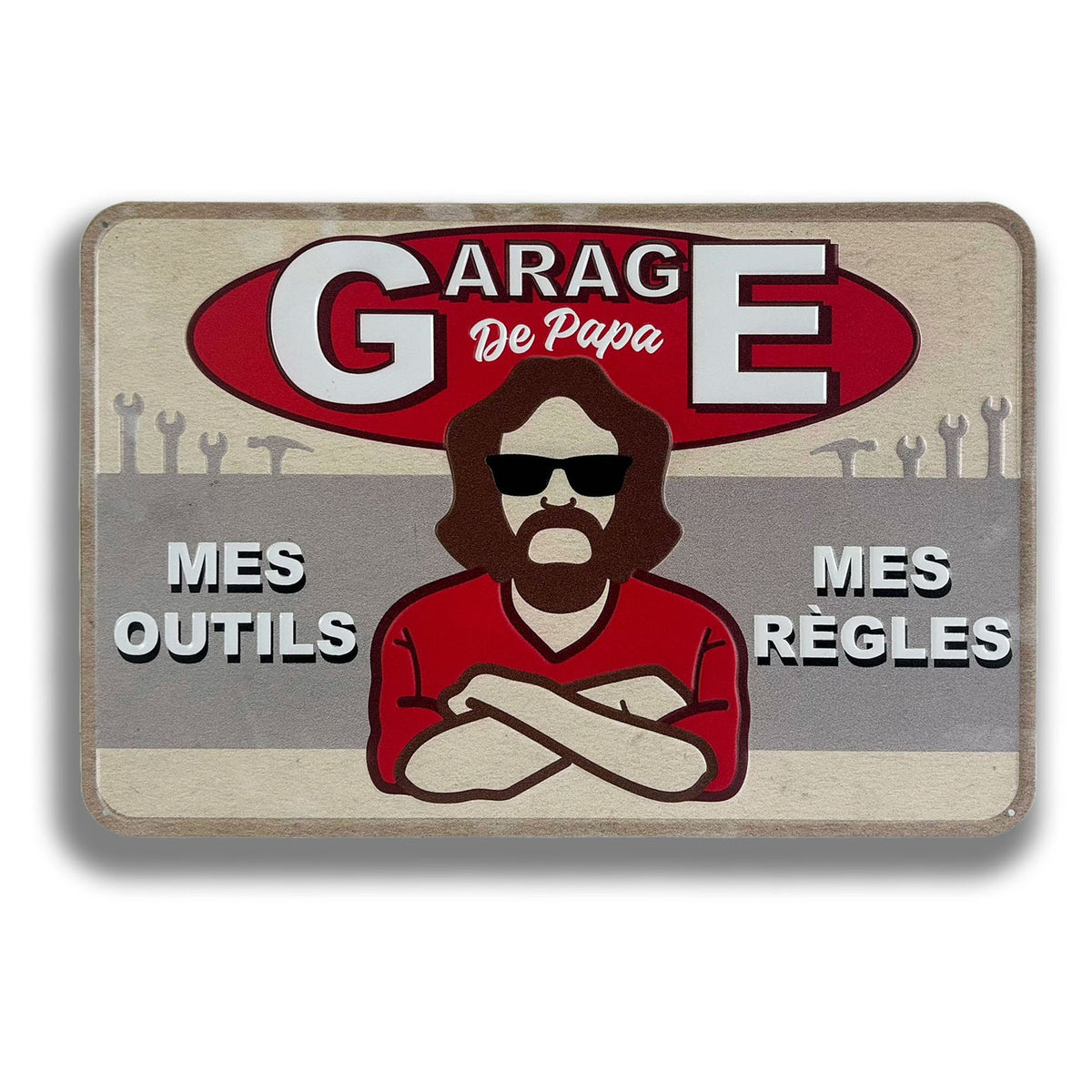 Panneau mural en fer « Garage de Papa Mes Outils Mes Règles », 18" x 12" (rouge)