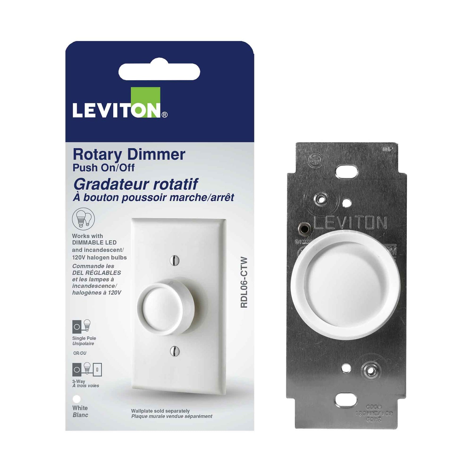 Gradateur rotatif à bouton-poussoir marche / arrêt, blanc