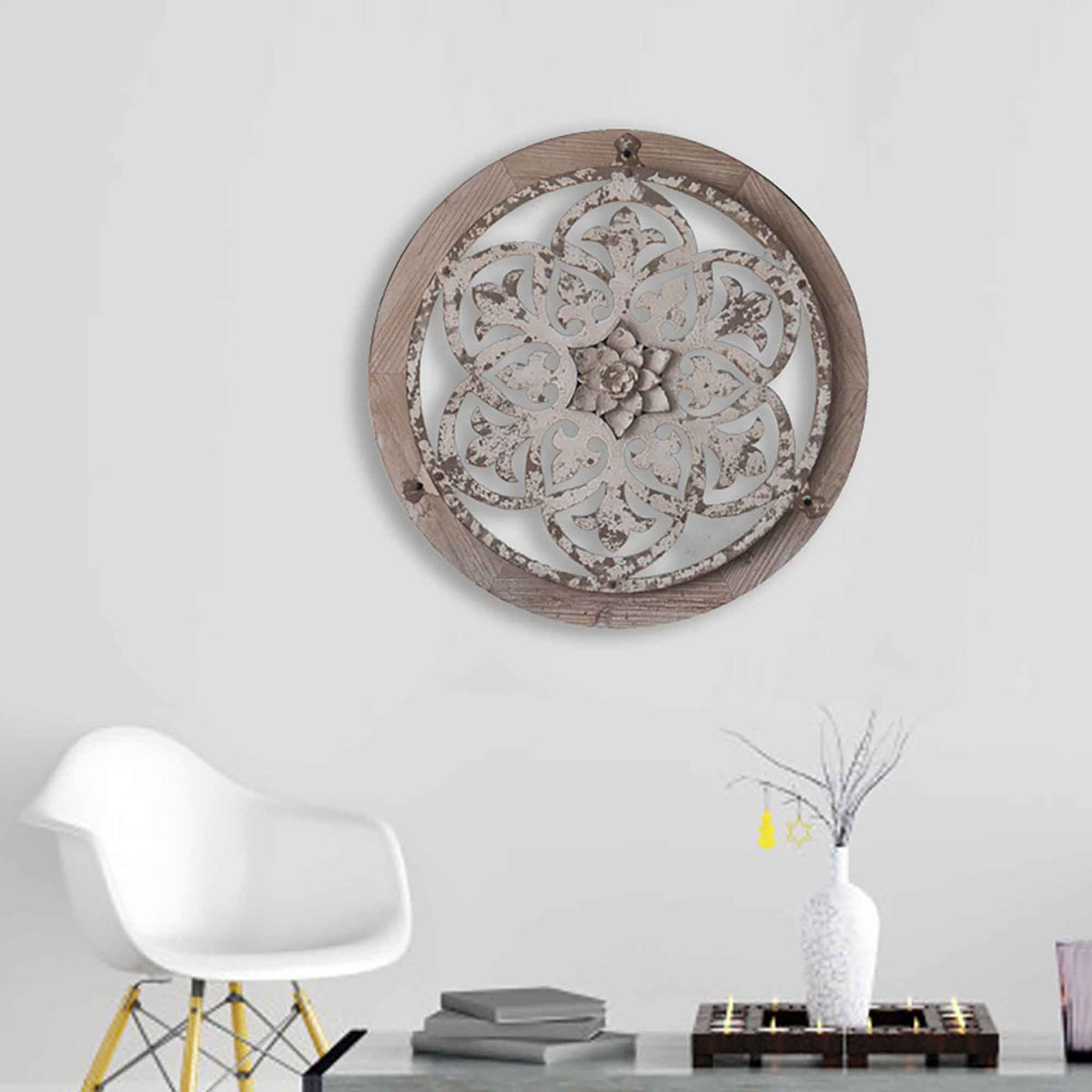 Décoration murale ronde en métal et en bois, 22&#39;&#39;