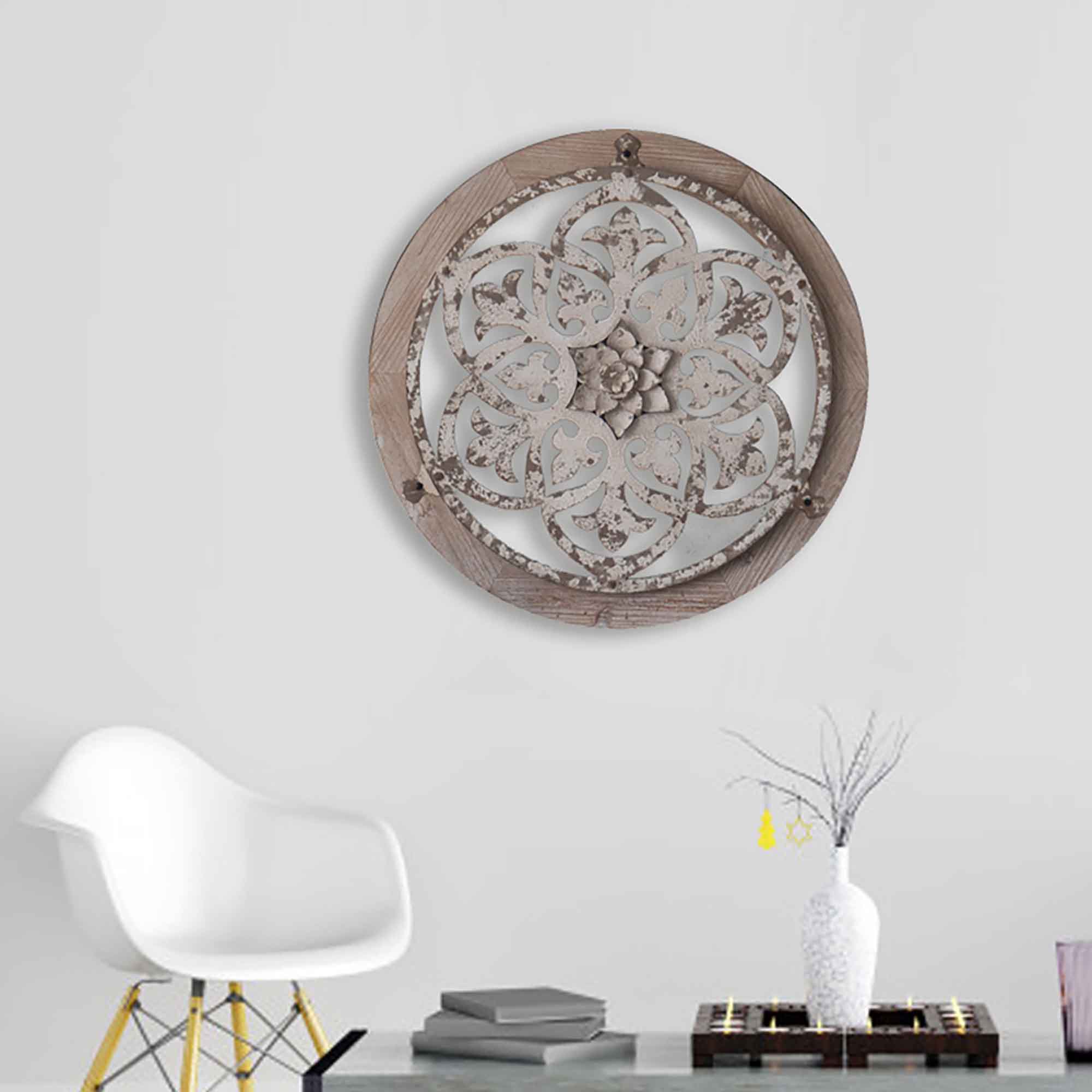 Décoration murale ronde en métal et en bois, 22''