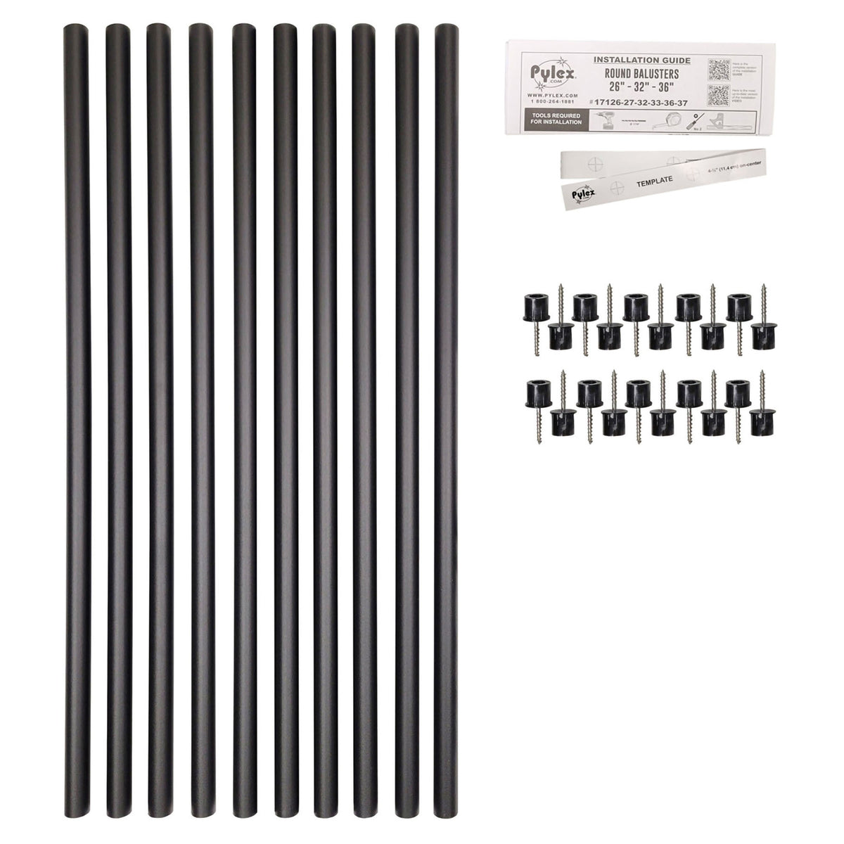 Balustres ronds avec connecteurs en acier noir mat, 26" x 3/4" (10 unités)  