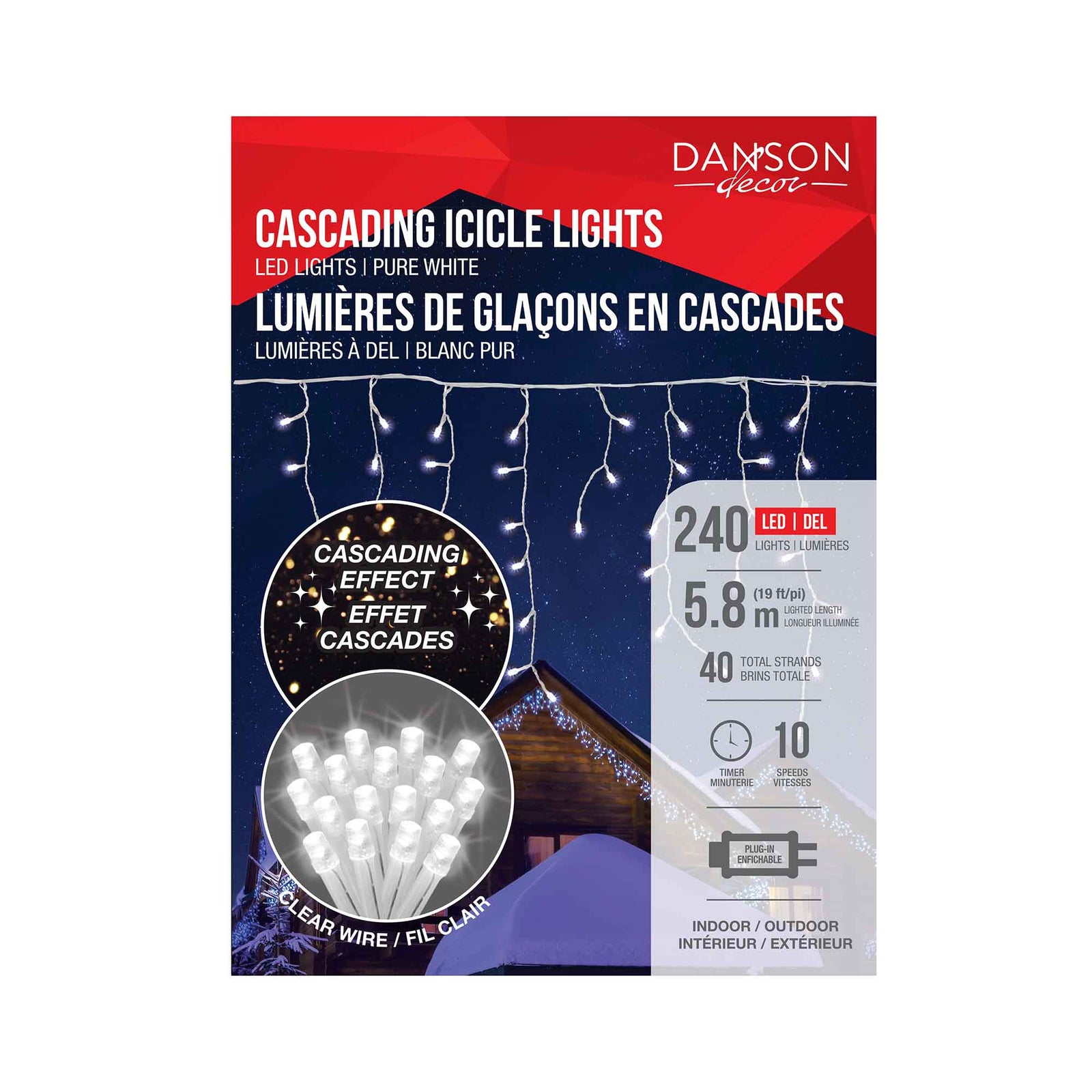 Guirlande scintillante et lumineuse de glaçons en cascade de 19' (5,8 m), blanc pur