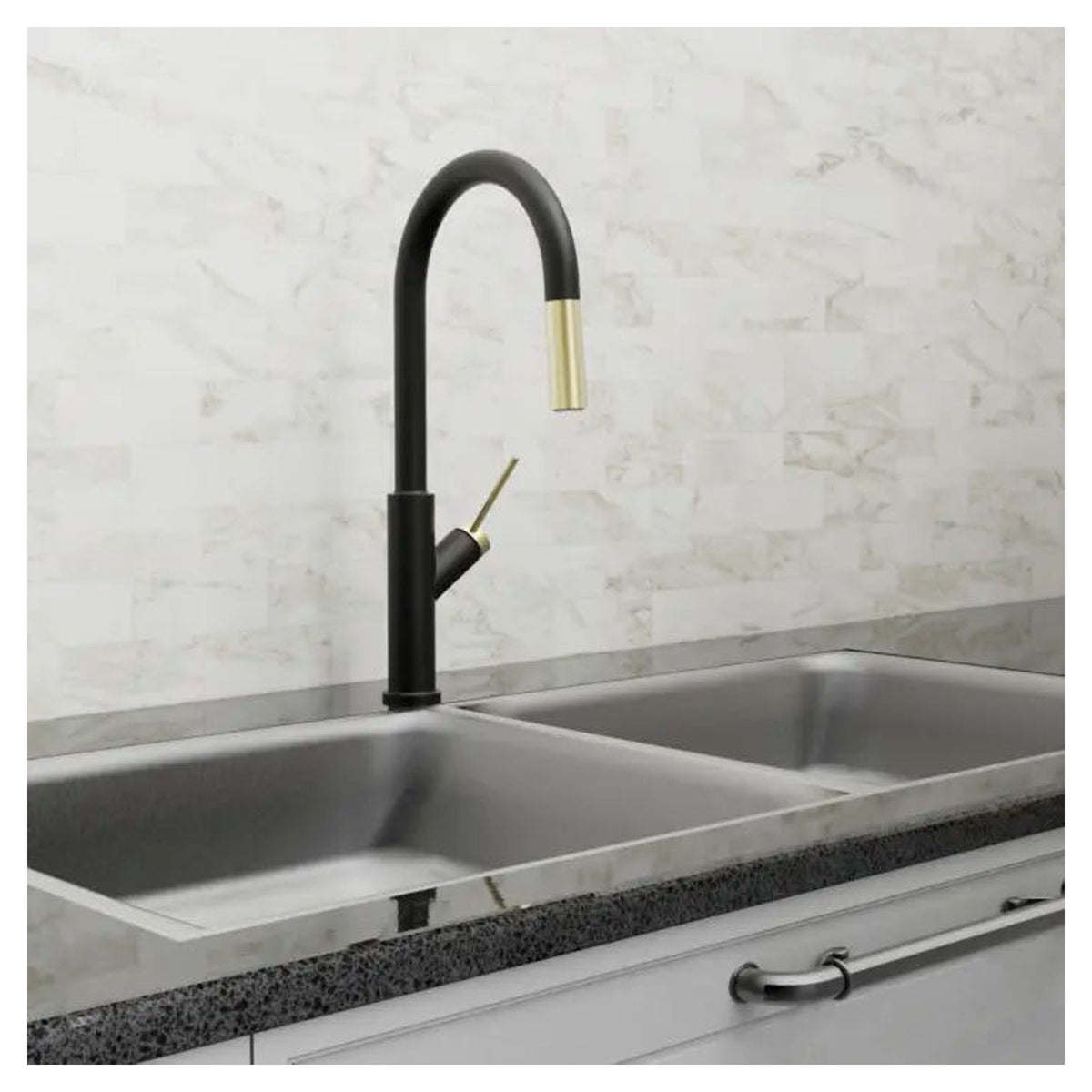 Robinet d'évier de cuisine Svelta avec bec amovible, noir mat et or mat