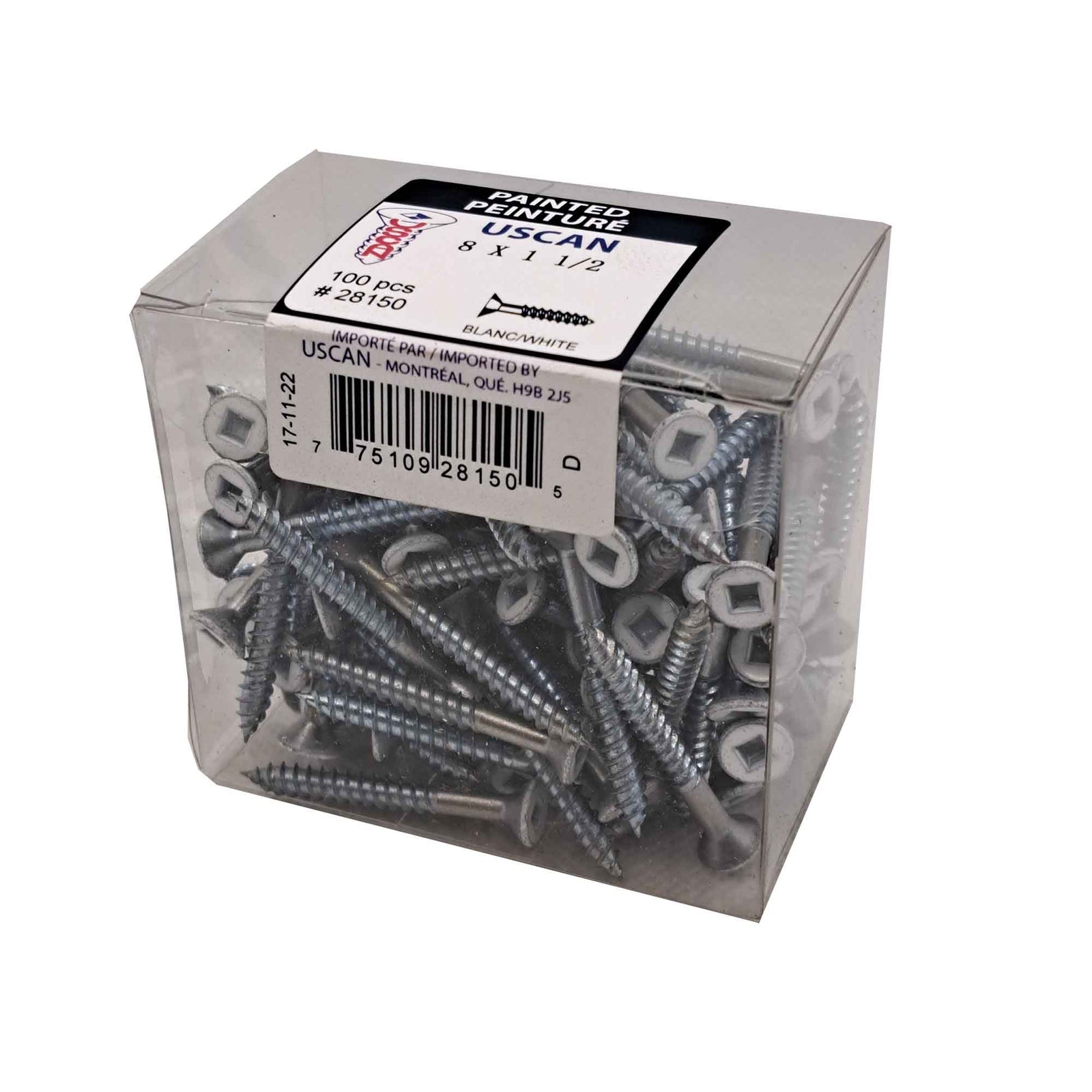 Vis à bois à tête plate de couleur blanche, #8 x 1-1/2" (100 unités)