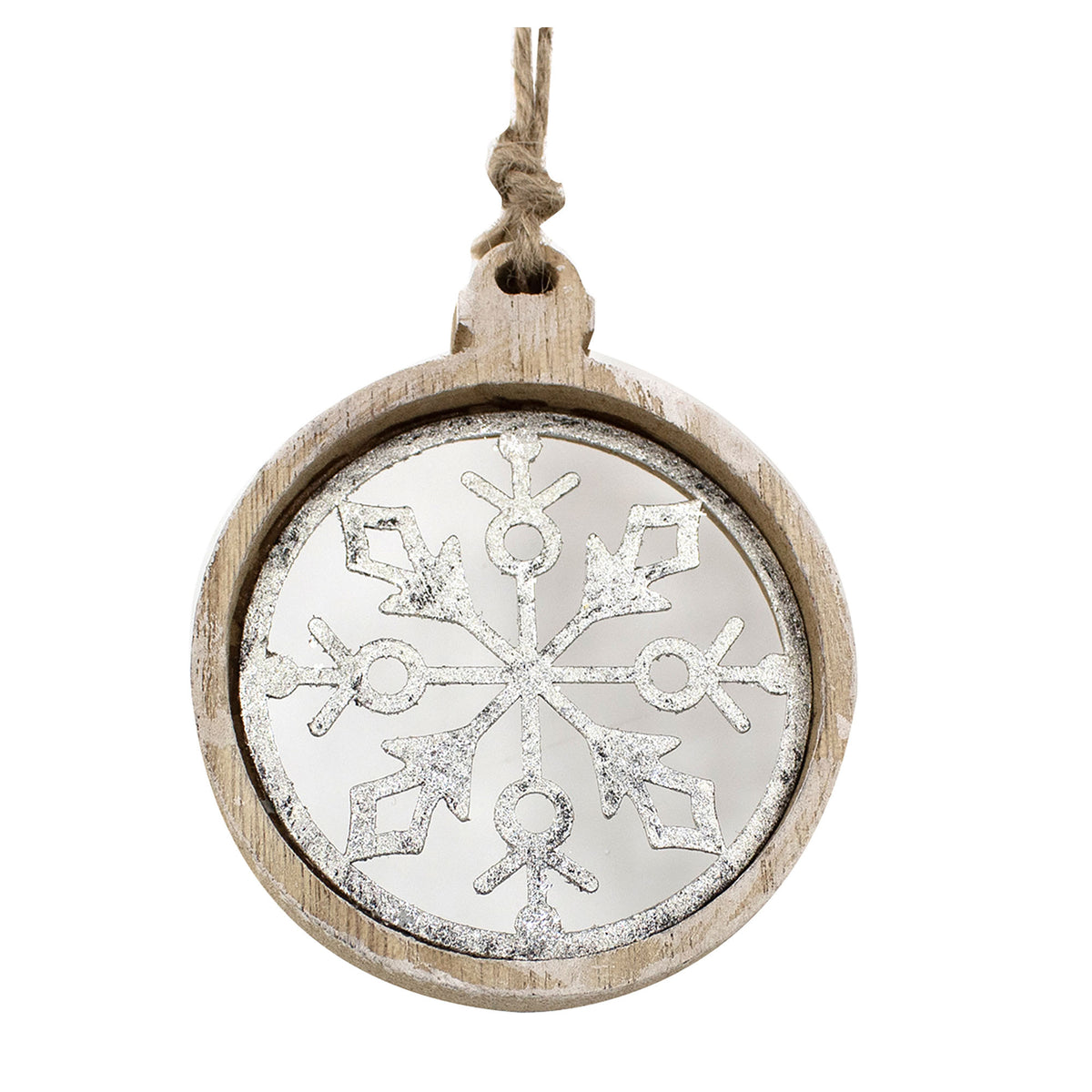 Boule décorative en bois avec flocon argent à suspendre, 3,5''
