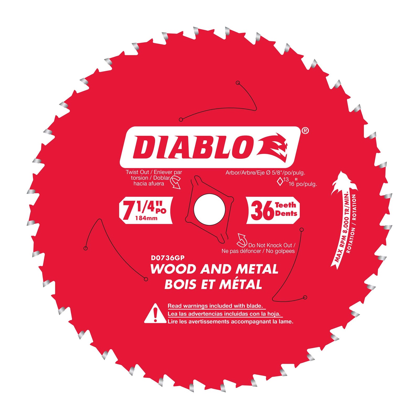 Lame circulaire Diablo pour  bois / métal  de 7-1/4" à 36 dents, tige de 5/8"