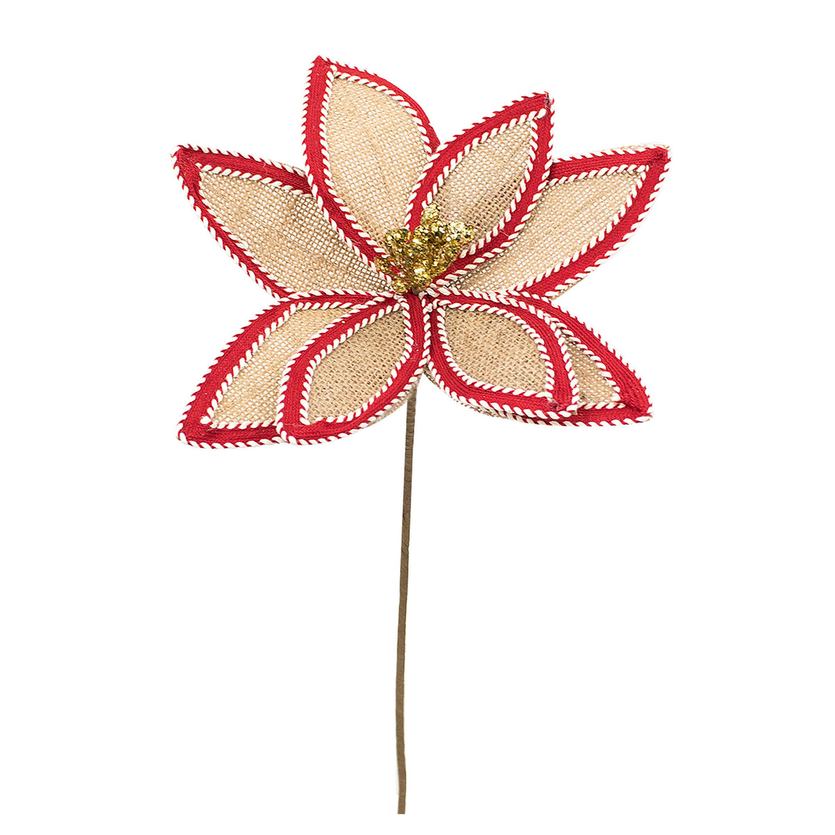Pic avec poinsettia en jute orné de rouge, 13''