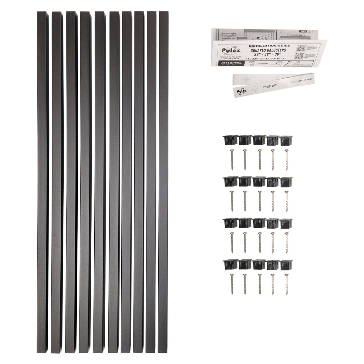 Balustres carrés avec connecteurs en acier noir mat, 26" x 3/4" (10 unités)
