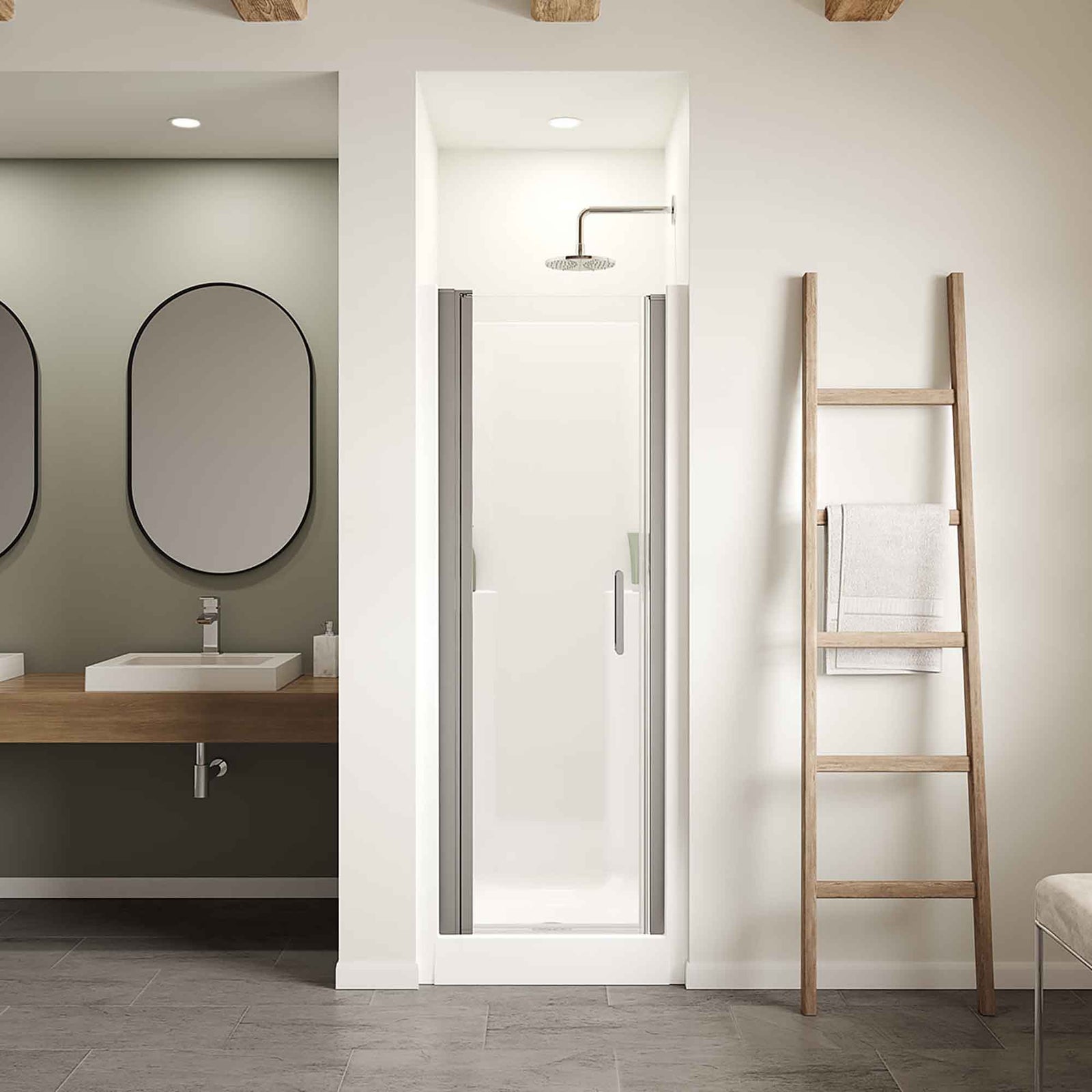 Douche une pièce pour alcôve en acrylique avec drain central en blanc Jasmin Sleek DI, 30'' x 32''