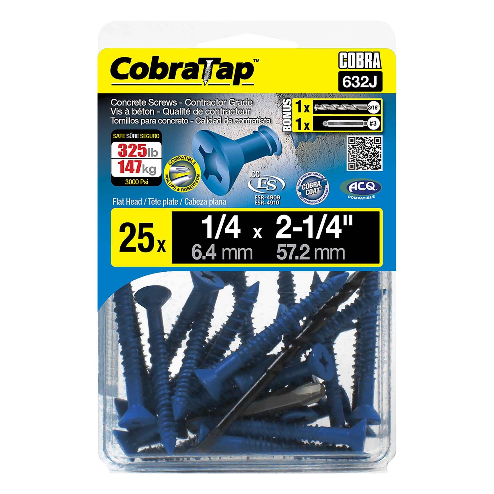 Vis à béton à tête plate CobraTap de 1/4" x 2-1/4", 25 unités