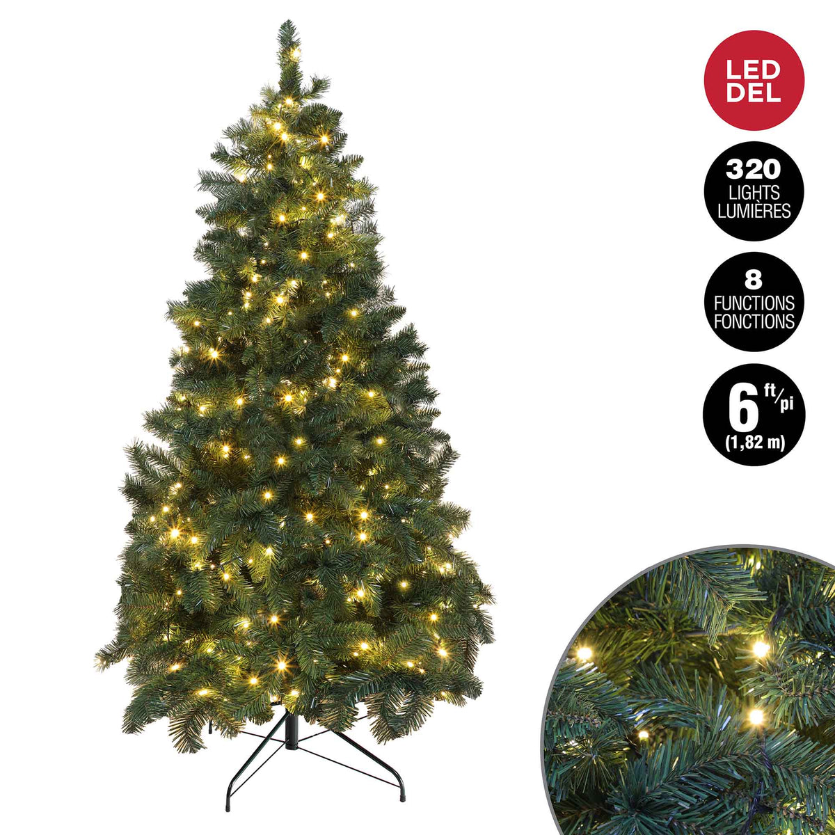 Sapin de Noël noble à 320 lumières F5 DEL blanc chaud et 650 pointes, 6&#39; (1,82 m)