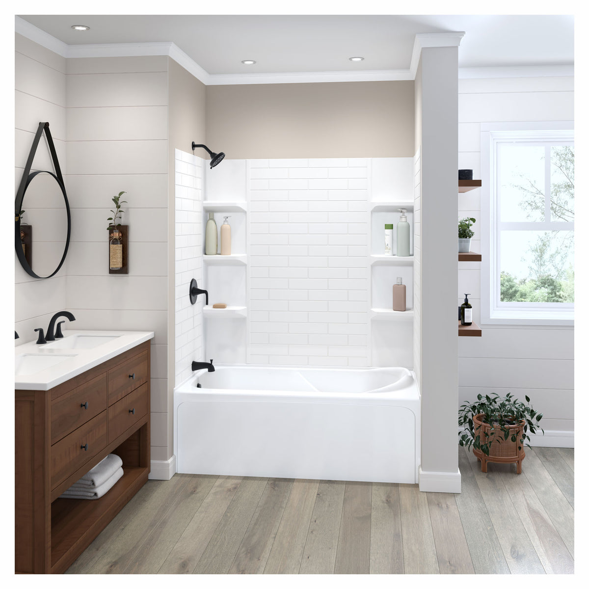Mur de baignoire à motif métro classique avec niches d’angle, 60'' x 32'' x 58''