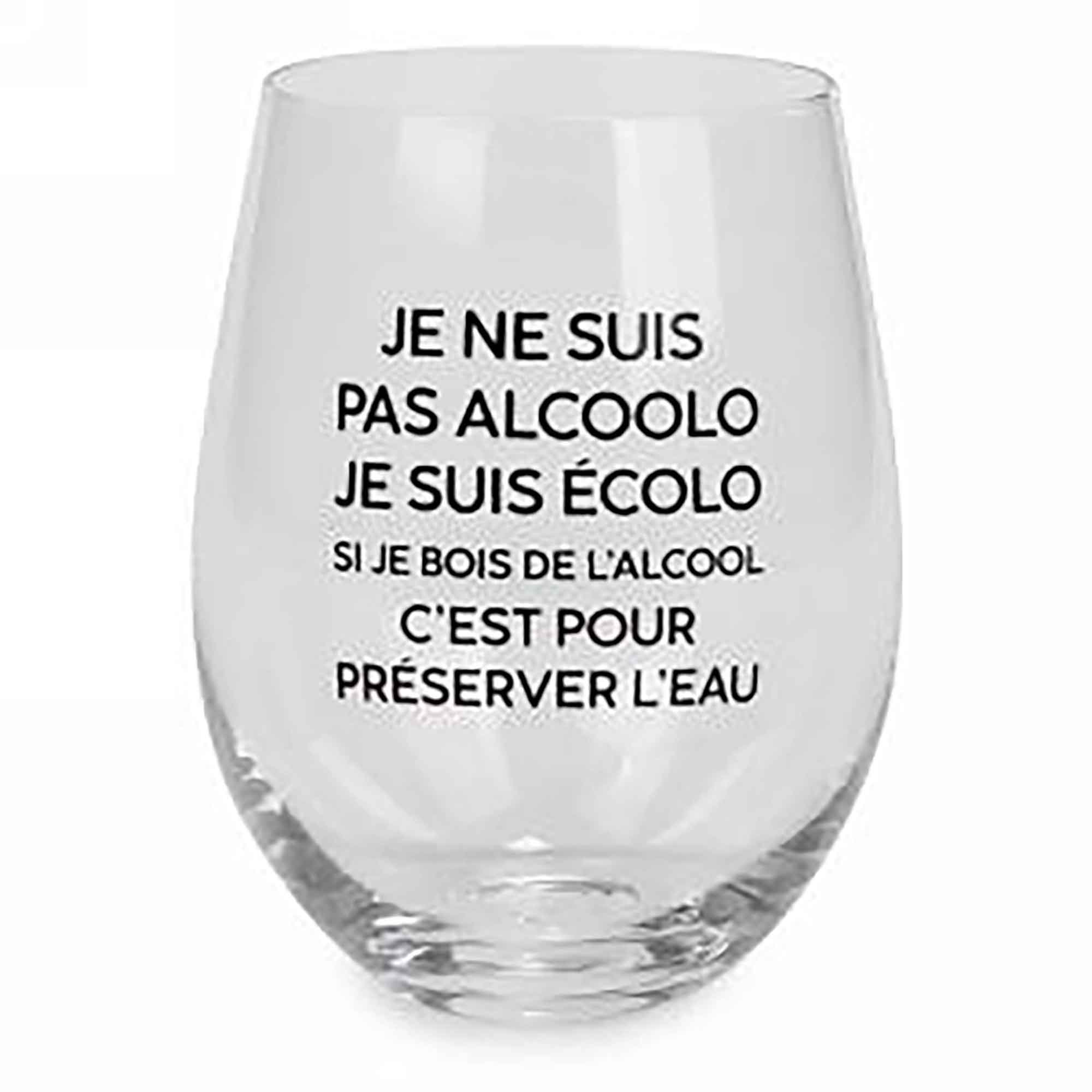 Verre à vin sans pied avec inscription en noir "JE NE SUIS PAS…", 3,5" x 5"