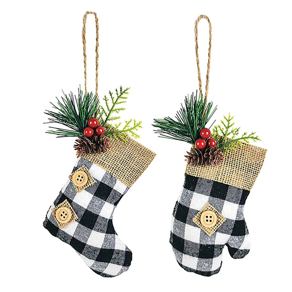 Ornement bas et mitaine de Noël à carreaux blanc et noirs de 6,3", choix entre 2 modèles