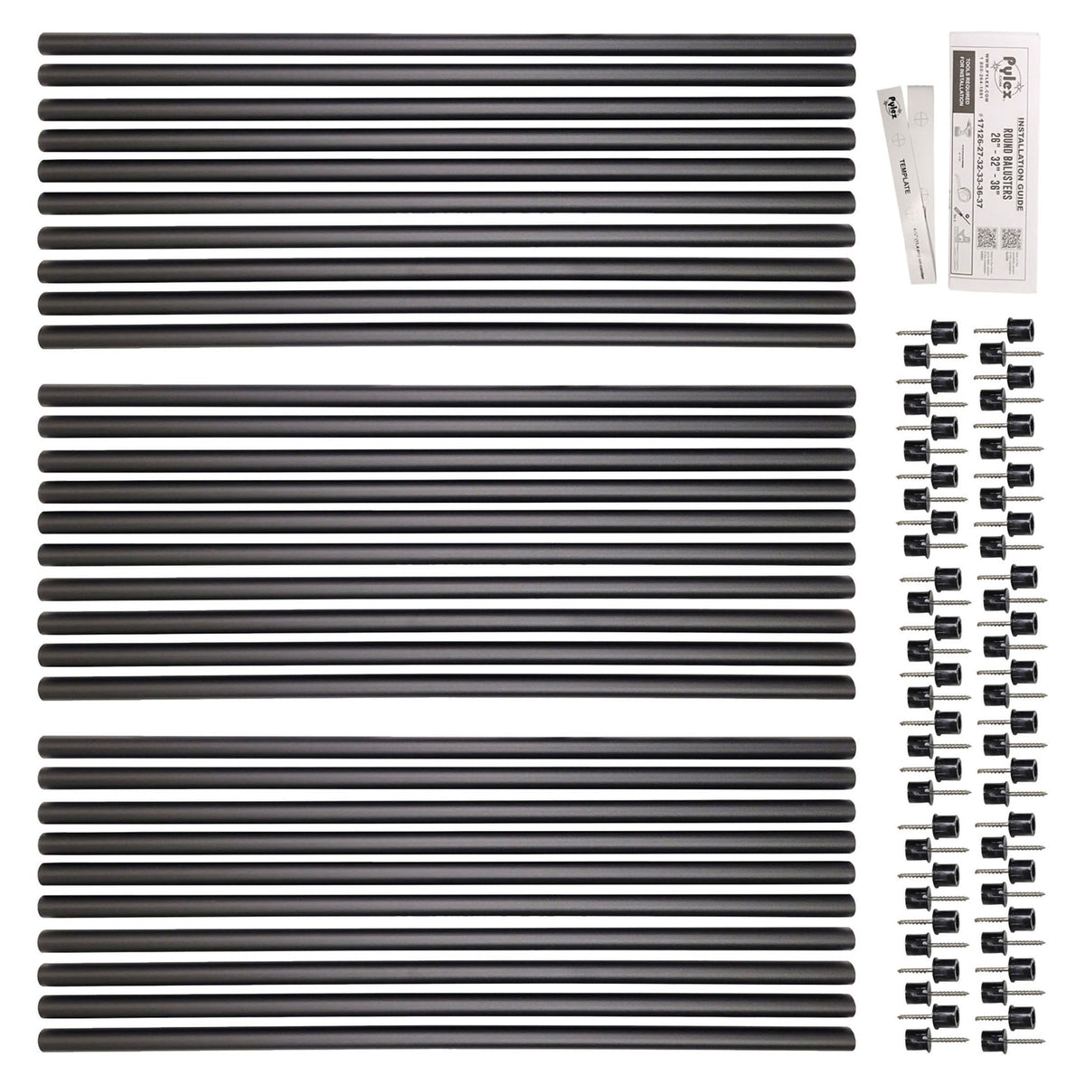 Balustres ronds avec connecteurs en acier noir mat, 26" x 3/4" (30 unités)  