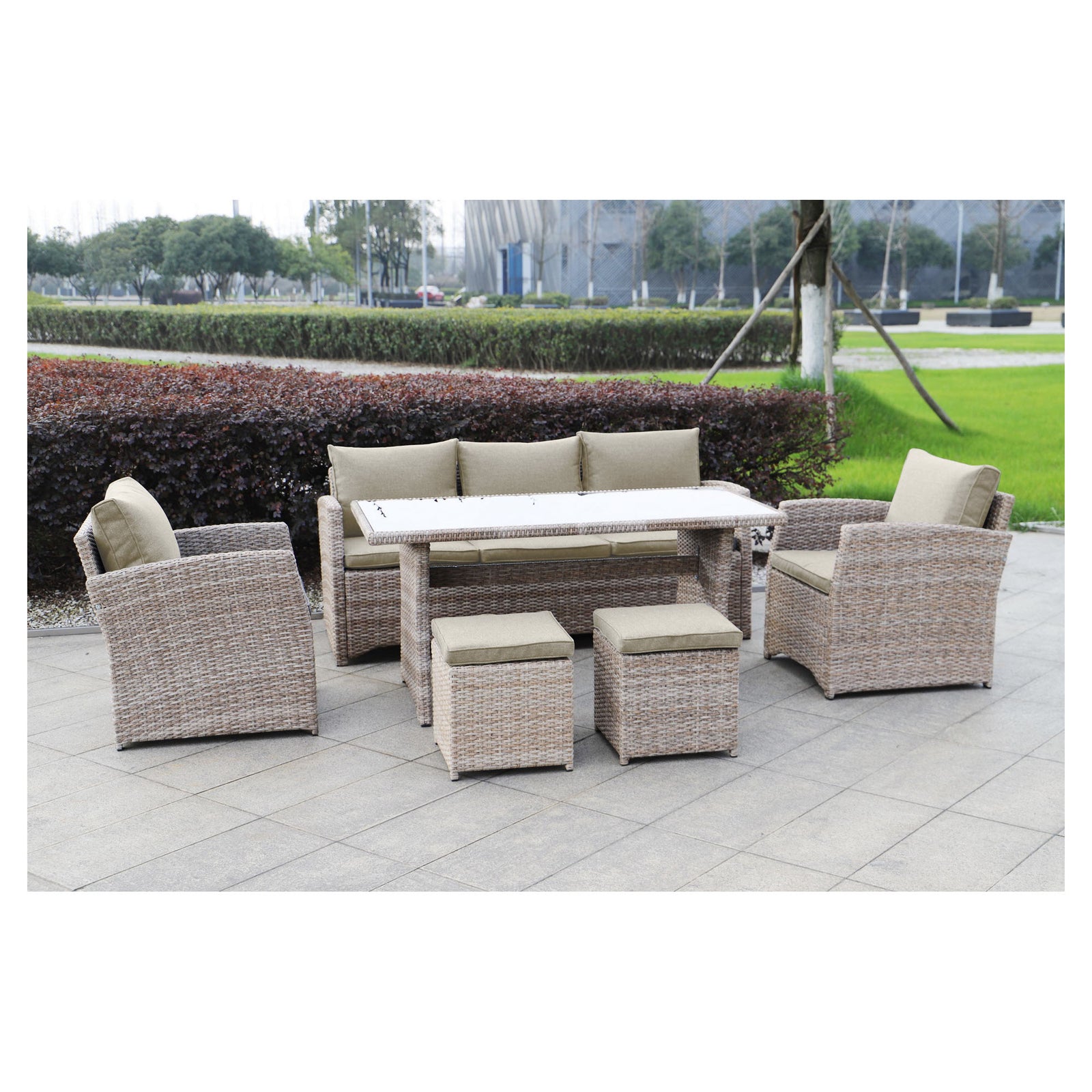 Ensemble à dîner de patio en rotin avec coussins en oléfine, 6 morceaux