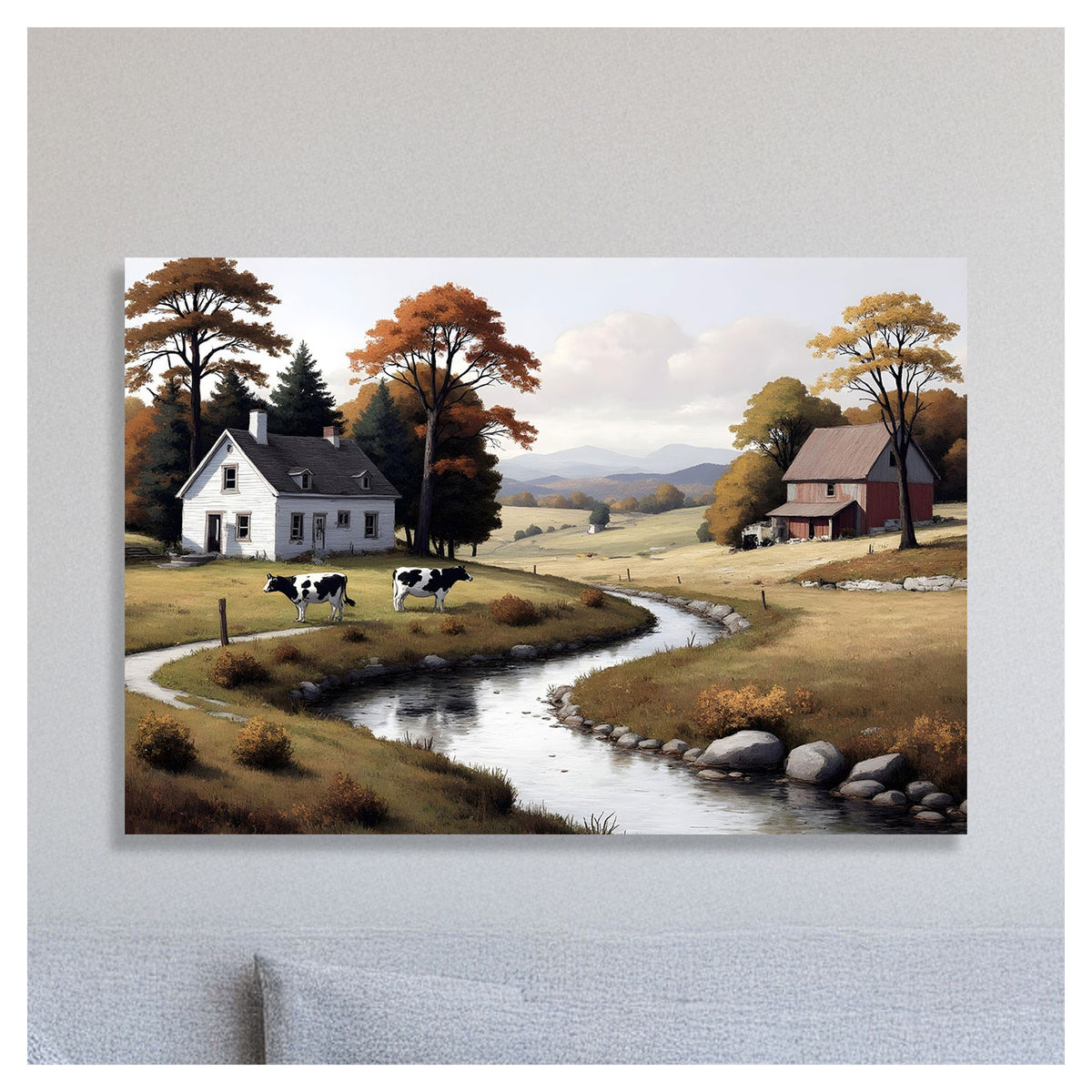 Canevas de vaches paisibles près d'un ruisseau, 31-1/2'' x 23-1/2''