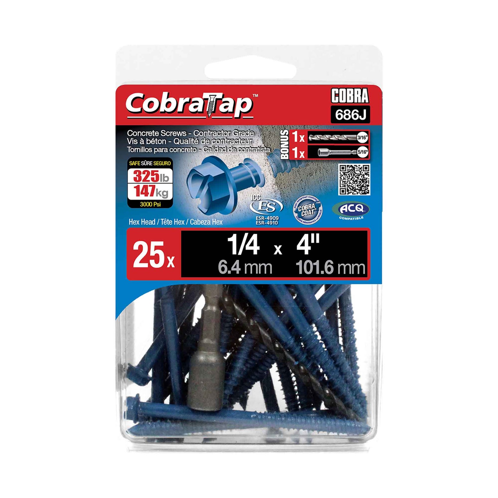 Vis à béton à tête hexagonale CobraTap de 1/4" x 4", 25 unités