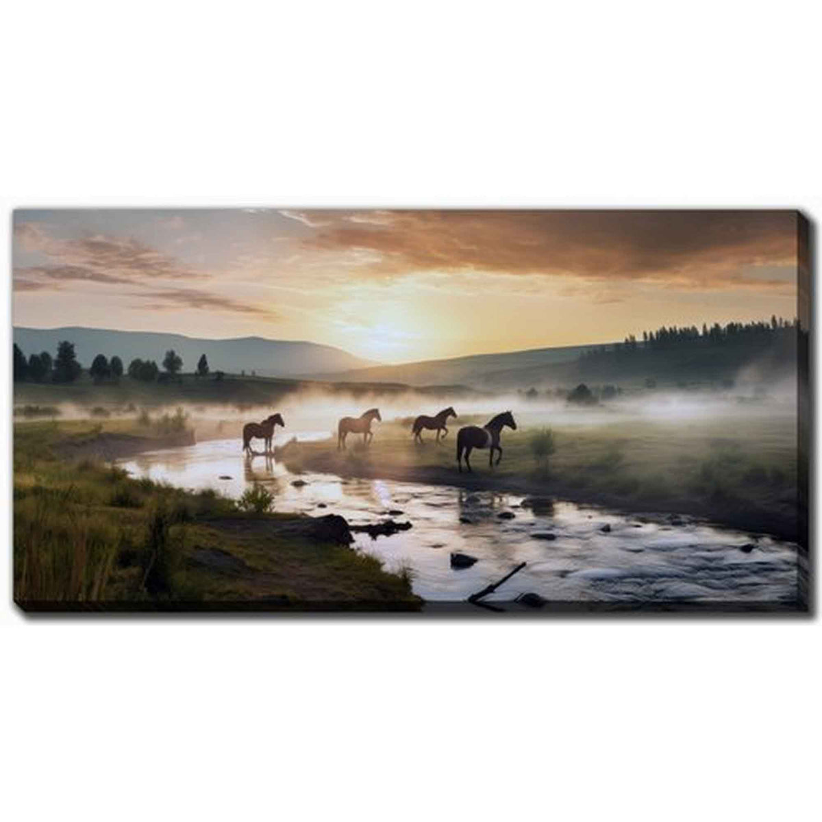 Impression sur toile montagnes au crépuscule avec chevaux, 40'' x 20''