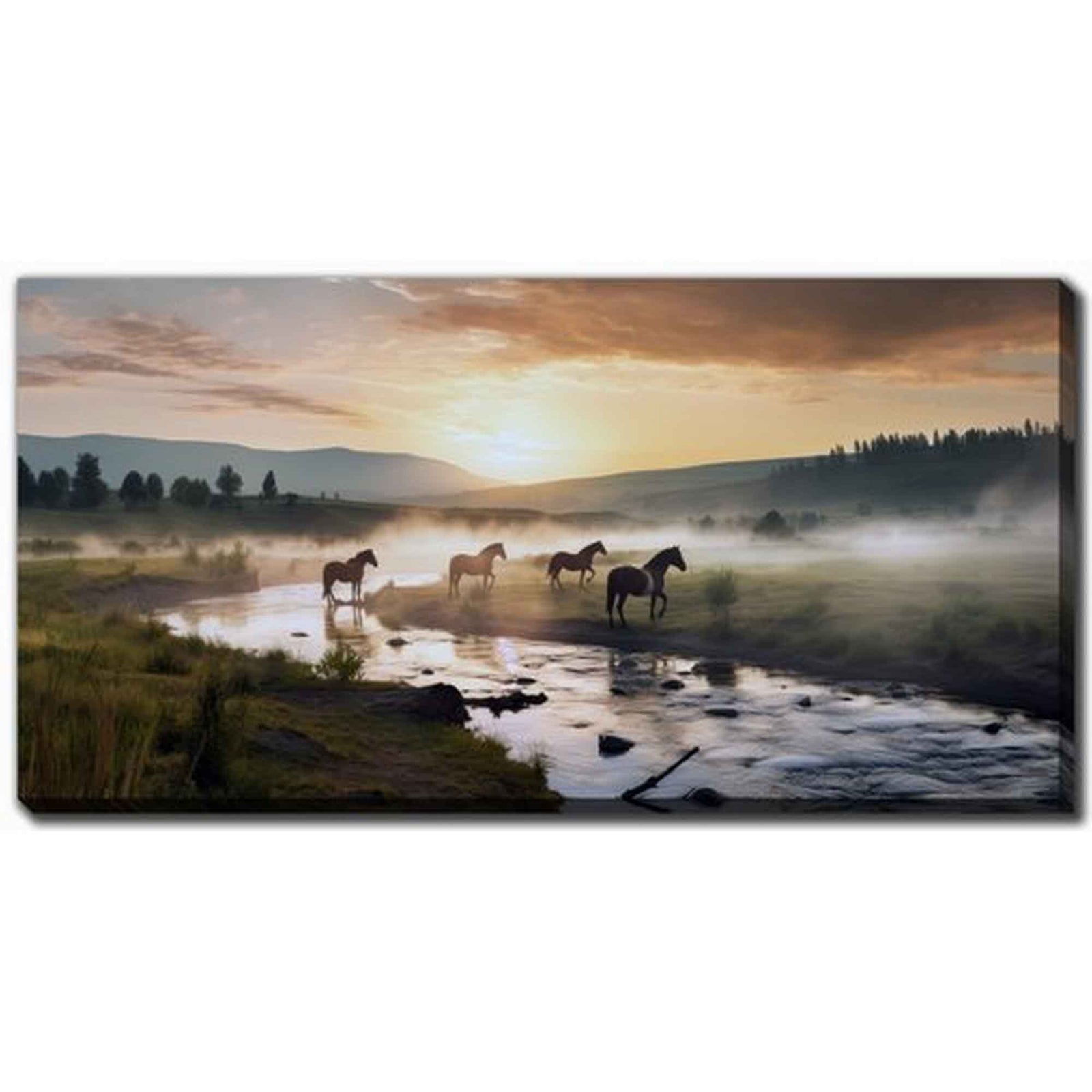 Impression sur toile montagnes au crépuscule avec chevaux, 40'' x 20''