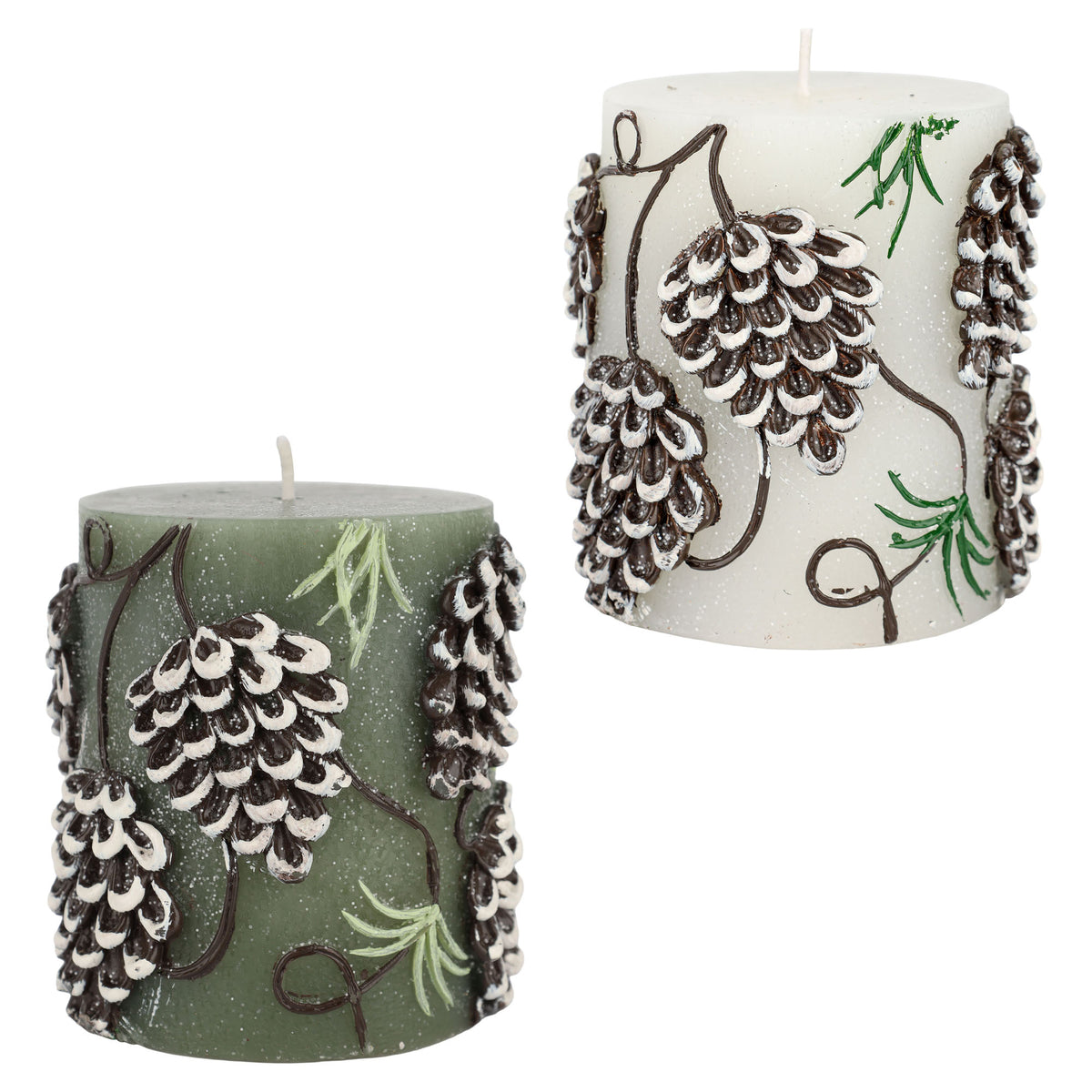 Bougie de Noël en paraffine avec des motifs de pommes de pin, 3,74" (choix entre 2 couleurs)