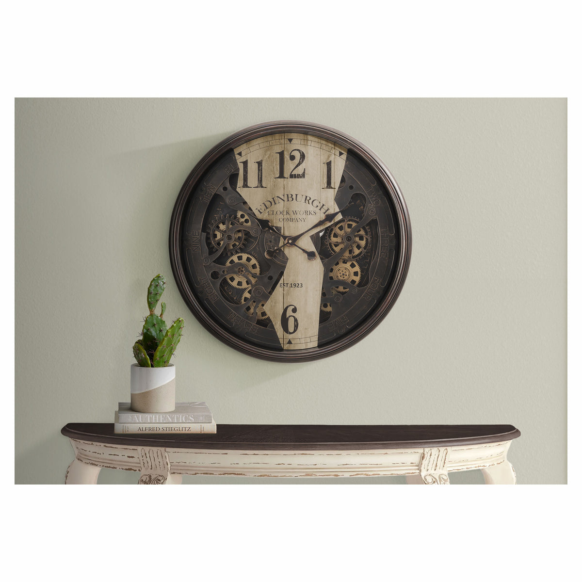 Horloge murale ronde avec mécanisme à engrenages, 30" (brun et naturel)