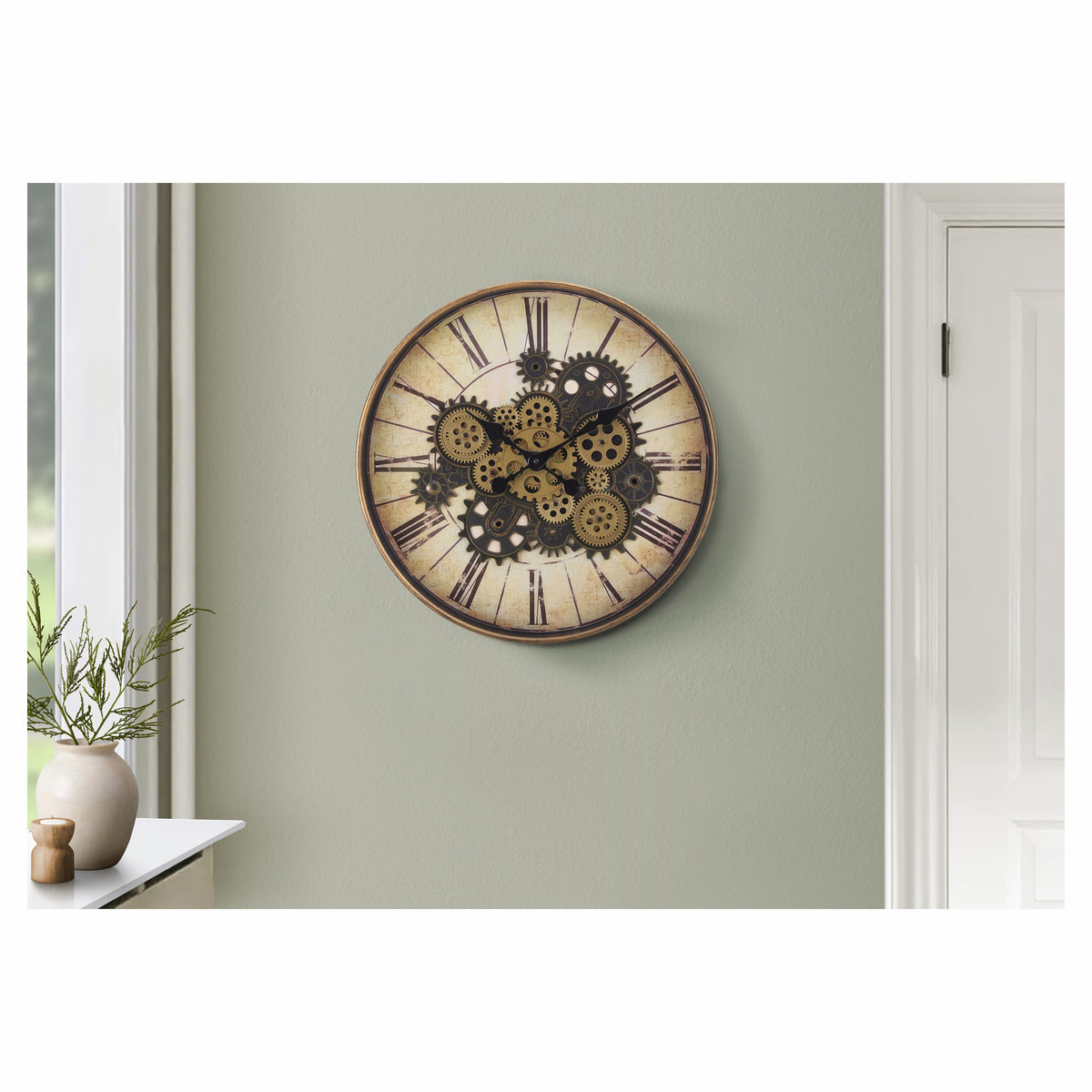 Horloge murale ronde avec mécanisme à engrenages, 20" (brun)