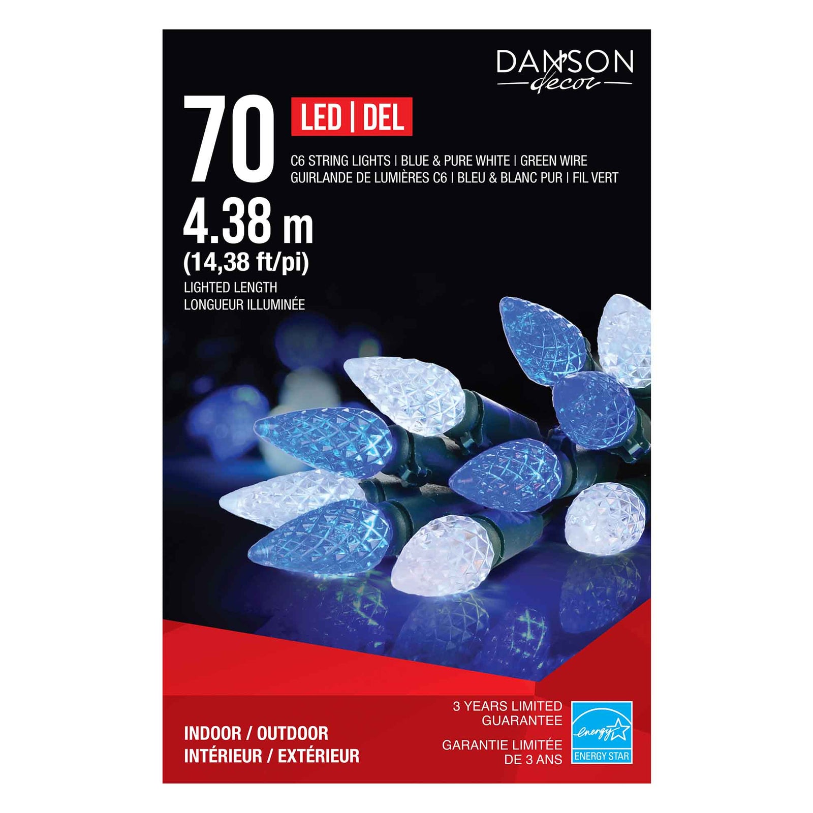 Guirlande de 70 lumières C6 DEL de 14,38' (4,38 m), blanc pur et bleu 