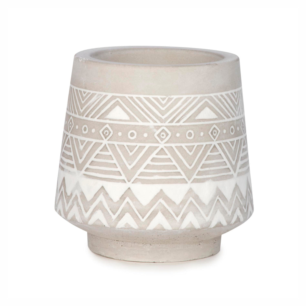 Bougeoir en ciment à motif aztèque, gris pâle et blanc