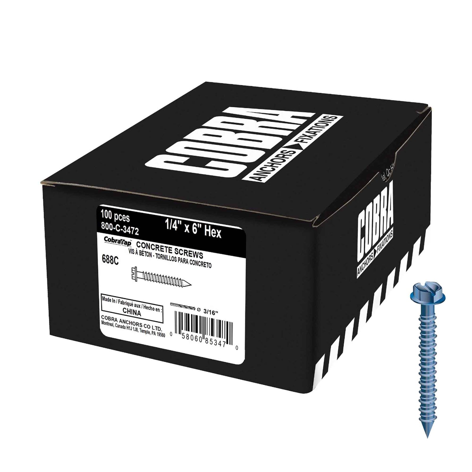 Vis à béton à tête hexagonale CobraTap, 1/4" x 6" (100 unités + 1 foret)