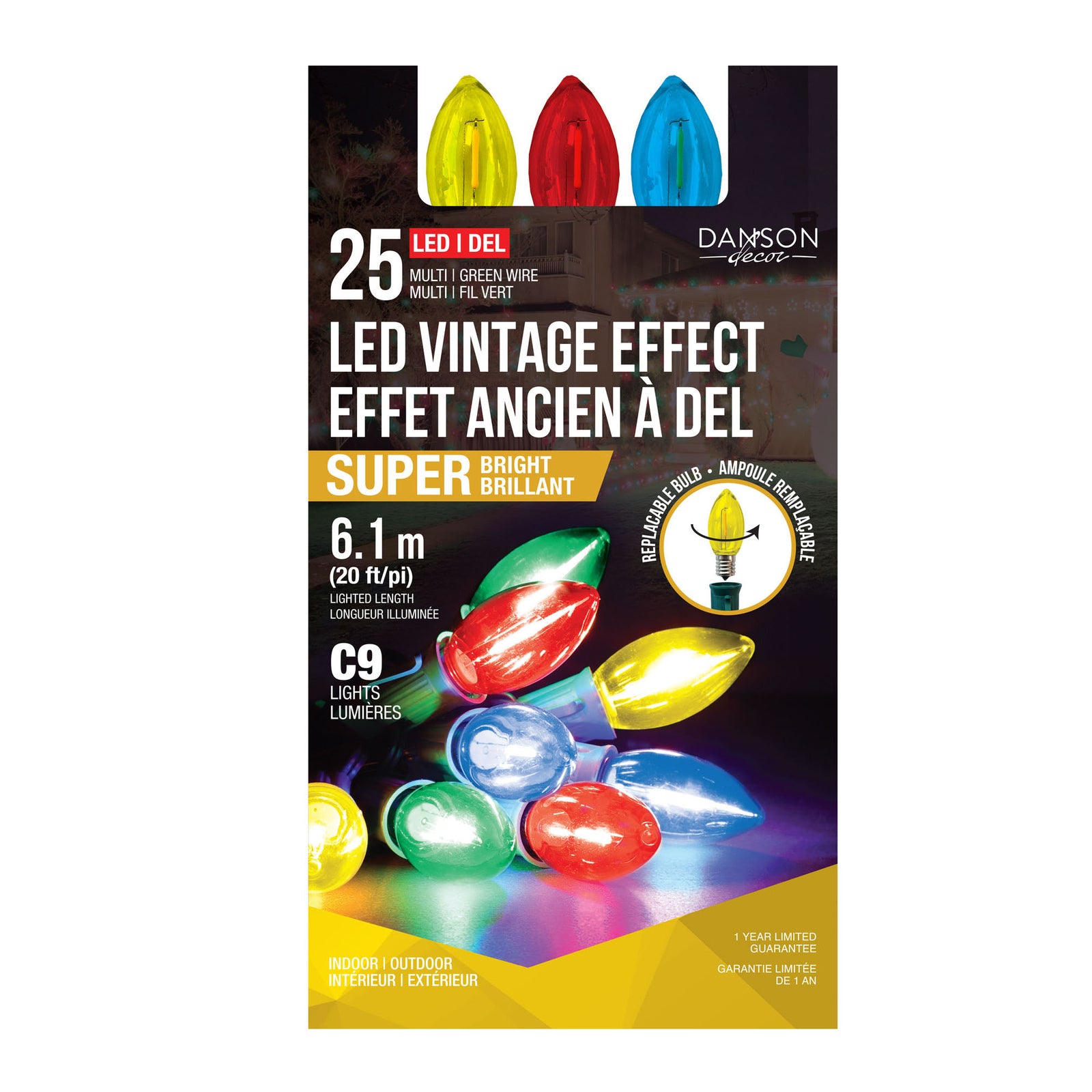 Guirlande de 25 lumières DEL C9 brillantes au look rétro sur fil vert de 20' (6,1 m), multicolore