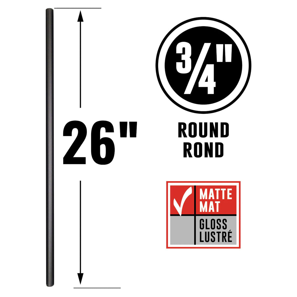 Balustres ronds avec connecteurs en acier noir mat, 26" x 3/4" (10 unités)  
