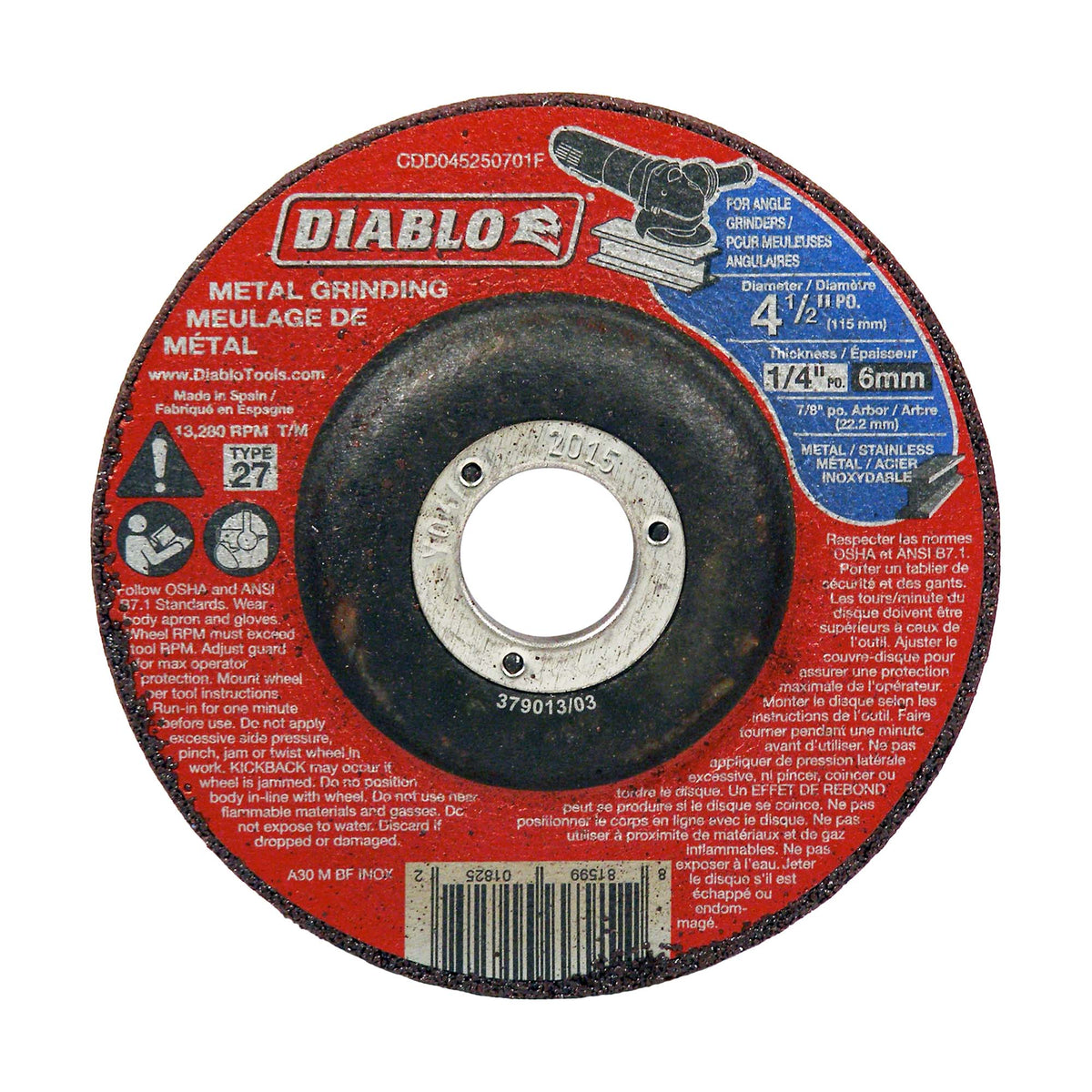 Disque de meulage Diablo pour le métal 4-1/2&quot; x 1/4&quot;, arbre de 7/8&quot;  