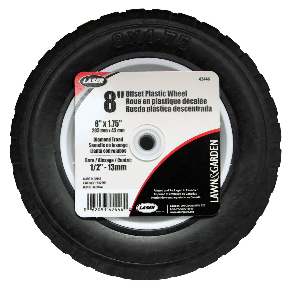 Roue en plastique décalée, 8" x 1,75"
