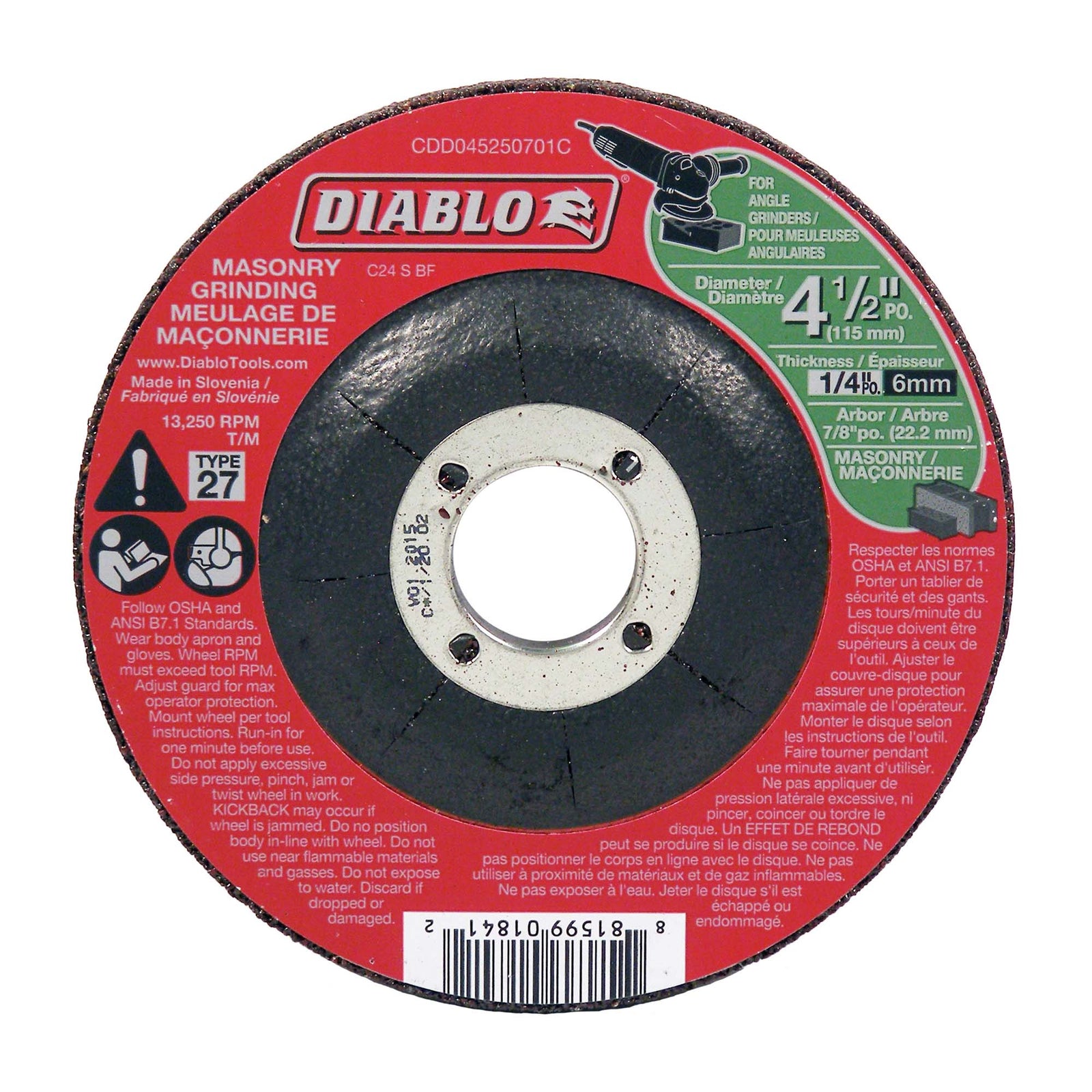 Disque de meulage Diablo pour maçonnerie de  4-1/2" x 1/4", arbre de 7/8"