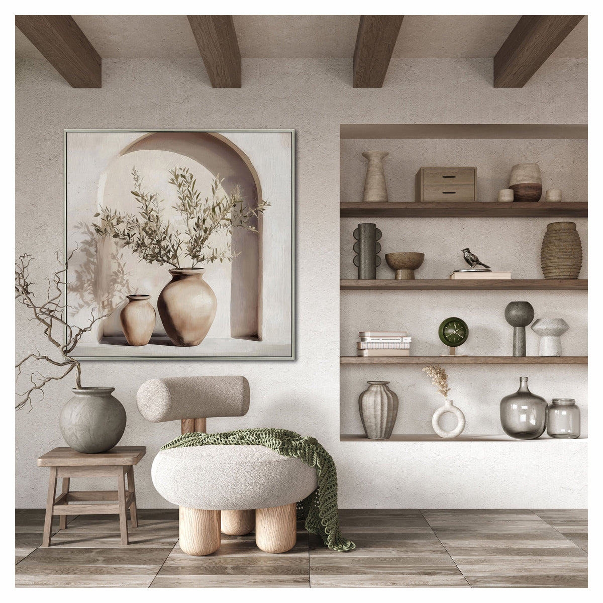 Toile avec cadre de deux vases en céramique, 36" x 36" 