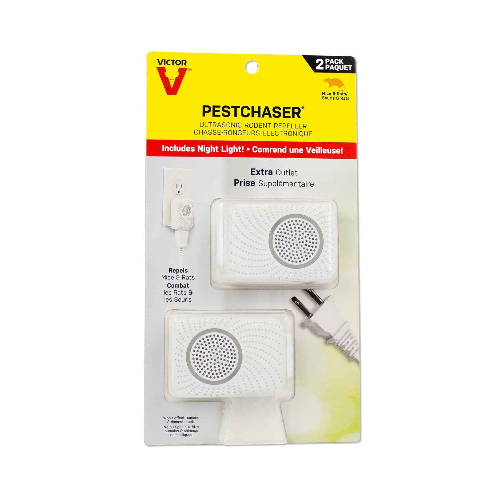 Chasse-rongeurs électronique avec veilleuse et prise supplémentaire, 2 unités