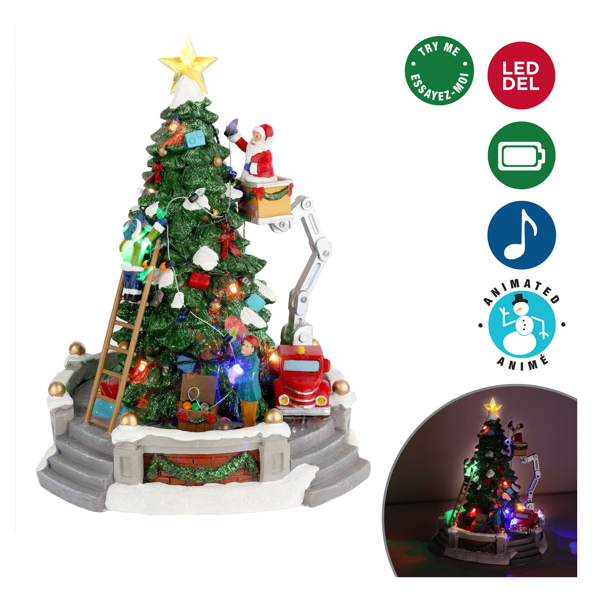 Scène lumineuse à DEL en résine animée et musicale avec Père Noël décorant un sapin, 8'' x 11''