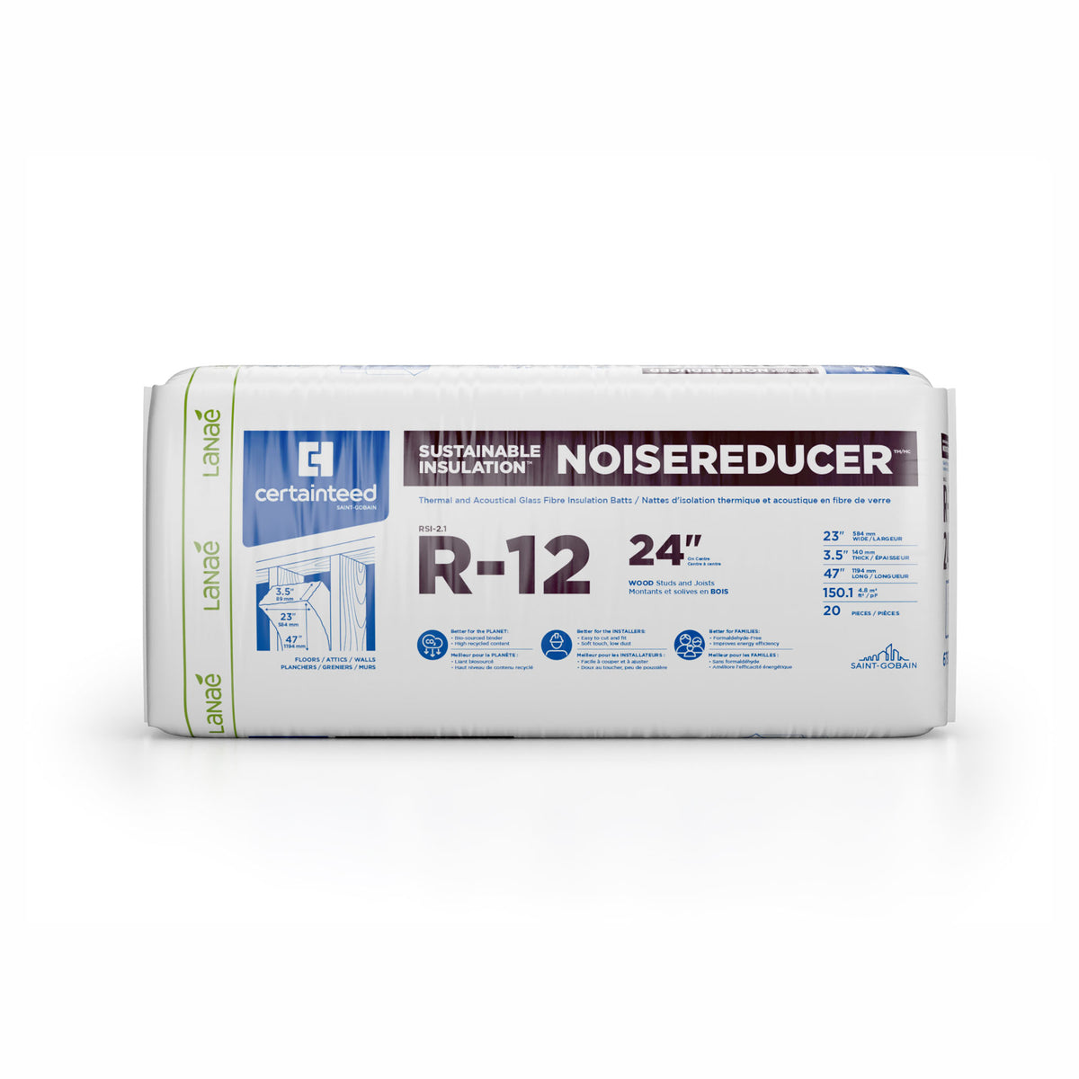 Laine d’isolation thermique et acoustique en fibre de verre R12, 3-1/2" x 23" x 47" (150,1 pi²)