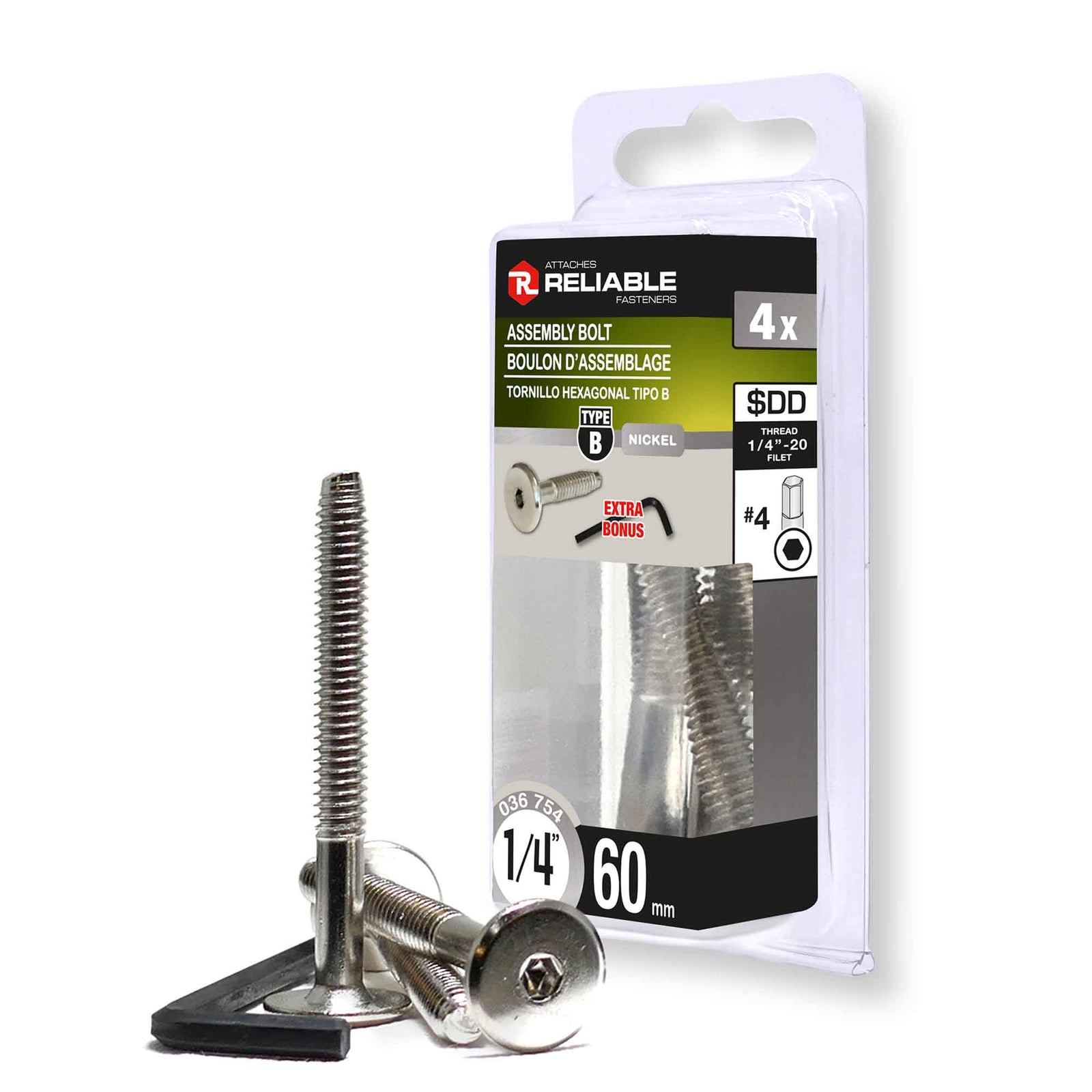 Boulon d'assemblage de Type JCB, 1/4'' x 60 mm (nickel et clé hexagonale)