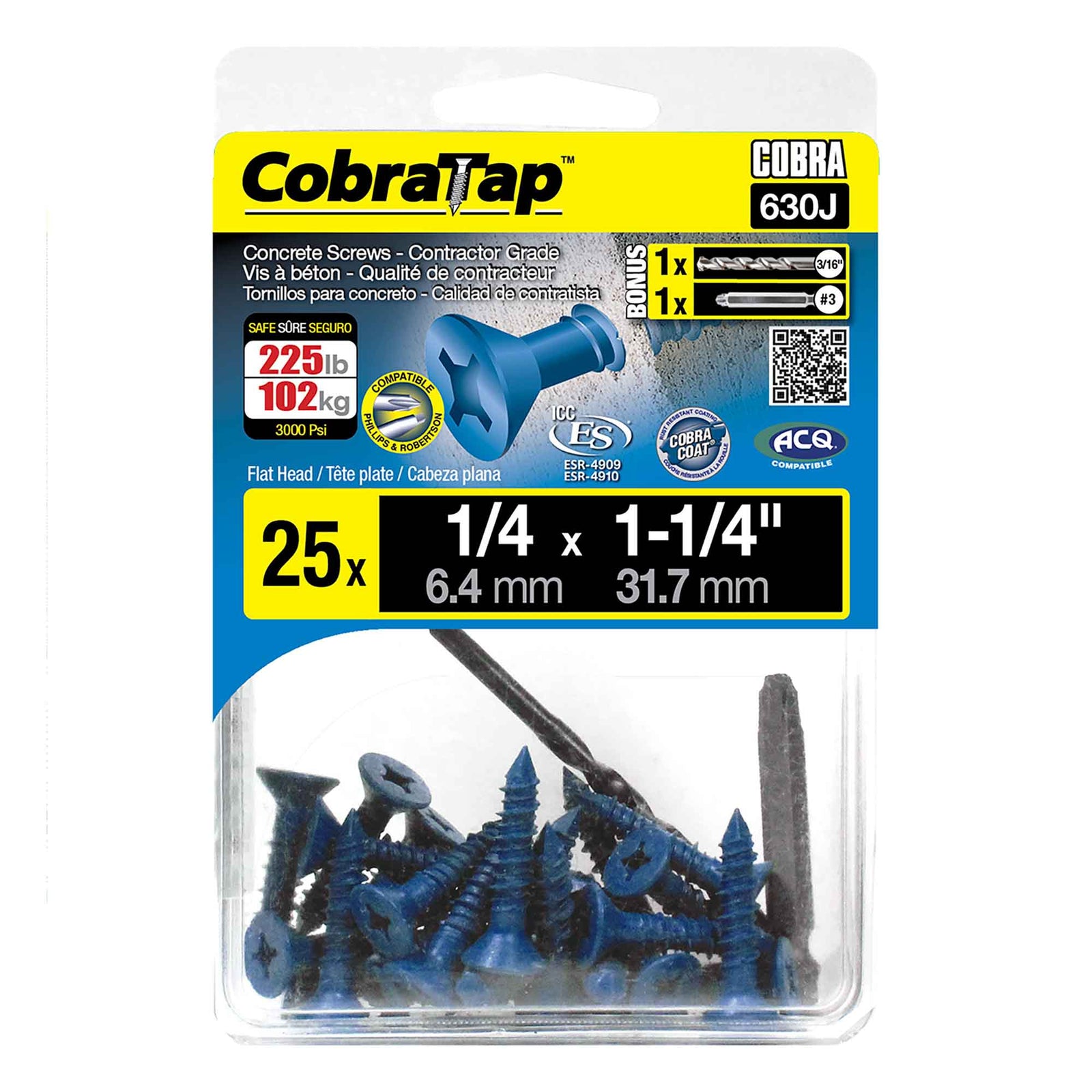 Vis à béton à tête plate CobraTap de 1/4" x 1-1/4", 25 unités