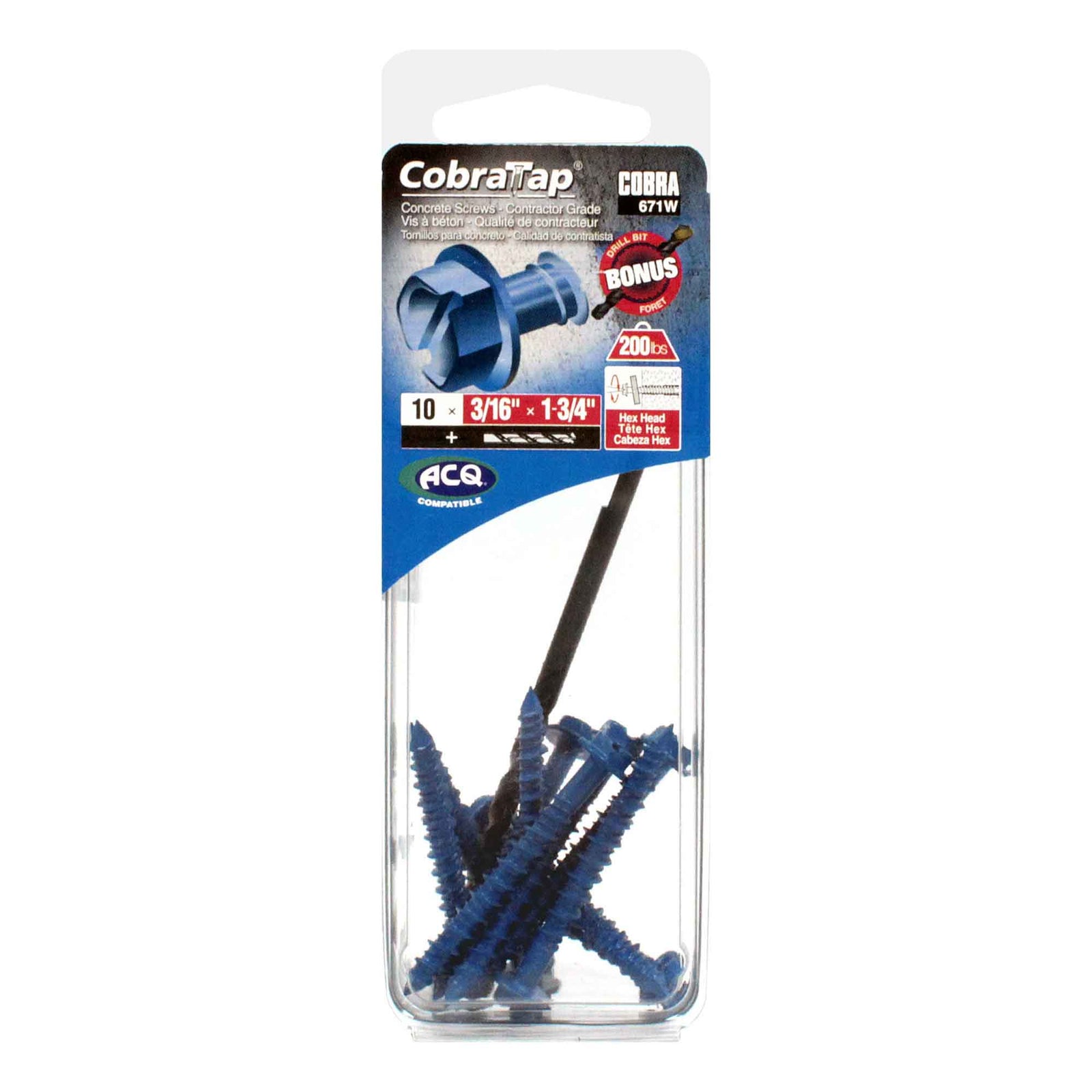Vis à béton à tête hexagonale CobraTap de 3/16" x 1-3/4", 10 unités