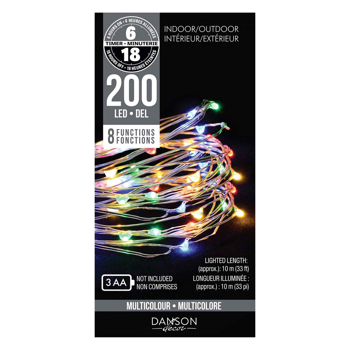 Jeu de 200 lumières micropoints DEL à 8 fonctions de 33" (10 m), multicolores
